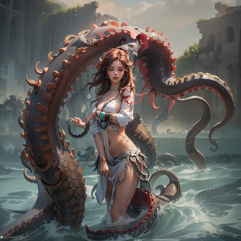 arte oficial, Unidad 8K Fondo de pantalla, Super detailed, Beautiful, Beautiful, obra maestra, La mejor calidad,
Ensamblaje, romance, 2 young girls, 18 years old, (completo 1.5,), cabello verde, tatuajes, (riding a giant octopus with octopus tentacles wrapped around the body: 1.8), tacones de aguja, ((Color refraction)), ((CinematicLight)), (over exposure), olas enormes