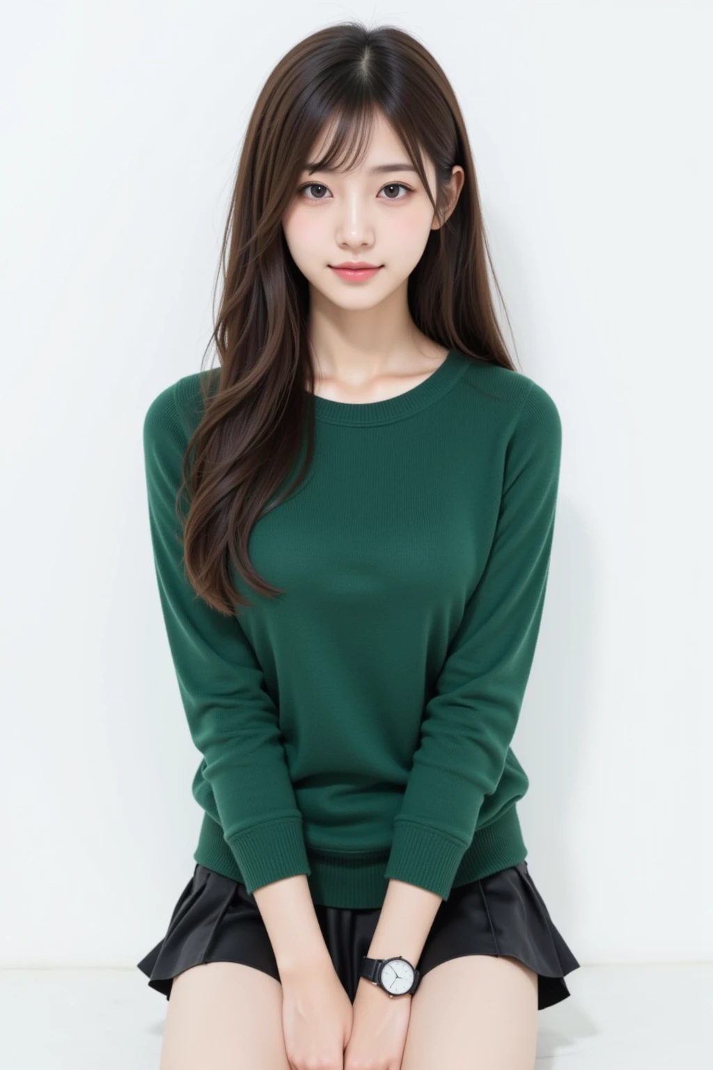 Pretty asian woman, bright silver hair, long hair, green eyes, busty, black shorts and a green hoodie, cute, sitting on a wooden barstool ,empty background, pretty smile