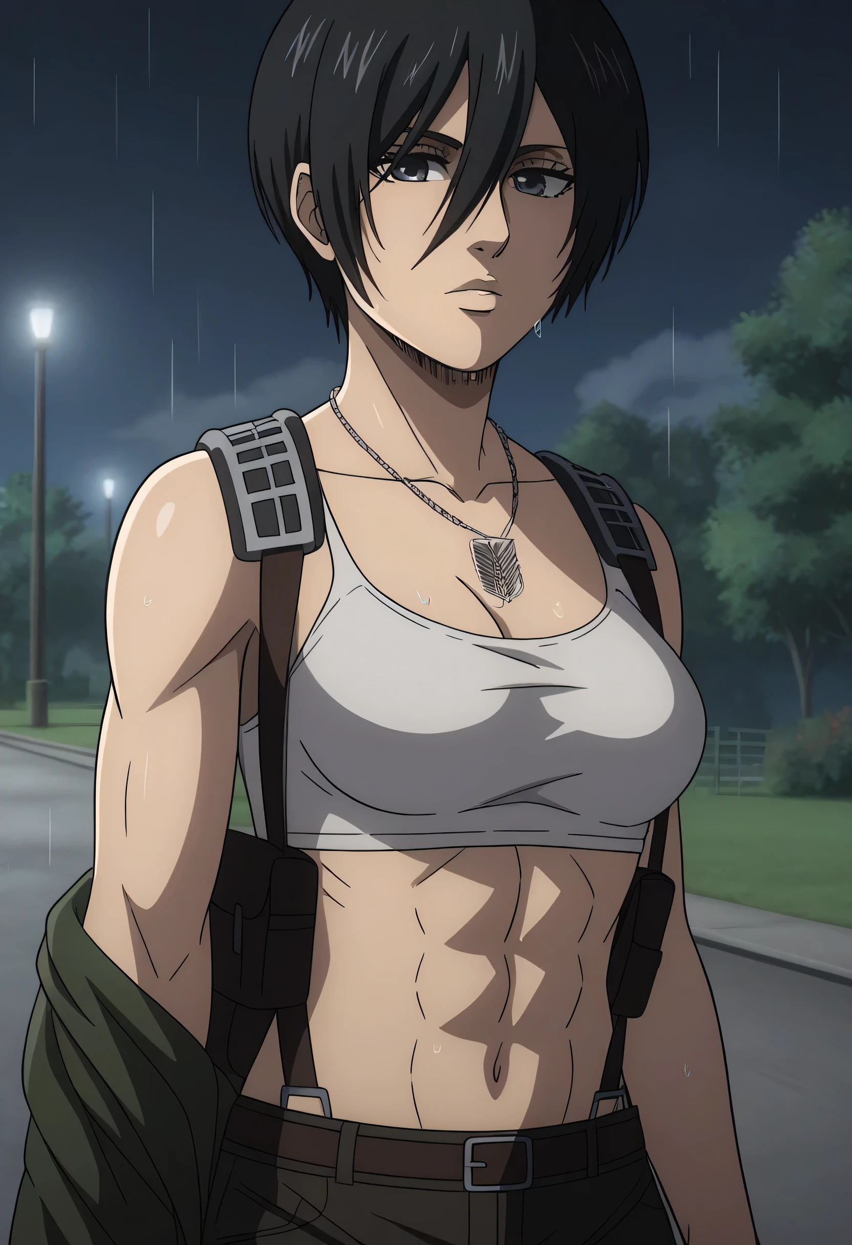 score_9, score_8_up, score_7_up, BREAK source_anime, mikasa ackrman, grey eyes, black hair, short hair, medium breasts,Mikasa wreanig open green jacket with sport black bra and black loose military trousers,mikasa with good looking body,perfect lighting,mikasa final season design,mikasa mappa version,walking on street,Perfect generation,mikasa boy hairstyle,mikasa season 4 version,attack on titan graphics,in night,HD wallpaper,perfect colors,pixie cut hairstyle,fighting face,raining,wet body,mikasa wreanig chains necklace,mikasa flat stomach,mikasa only six-pack,normal body size,anime style tone six-pack,