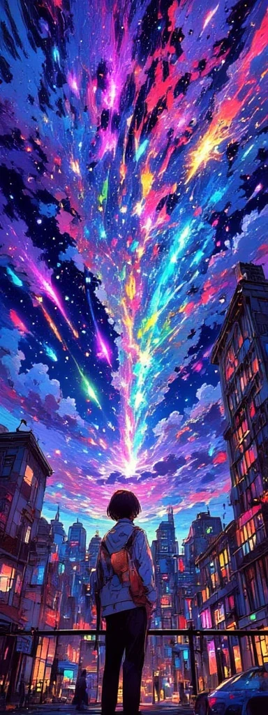 tilted Dutch angle view of a very beautiful end-of-the-world scene, breaking through beautiful cloud, hundreds of tremendously beautiful colorful meteors falling spirally one after another widely spreading to beautiful lively neat city. The sky is beautifully spread out in an impossible and unusual vivid color. citizens looking at the catastrophe from below. meteor impact shaking the cityscape very hard.. Very dynamic dramatic animation.