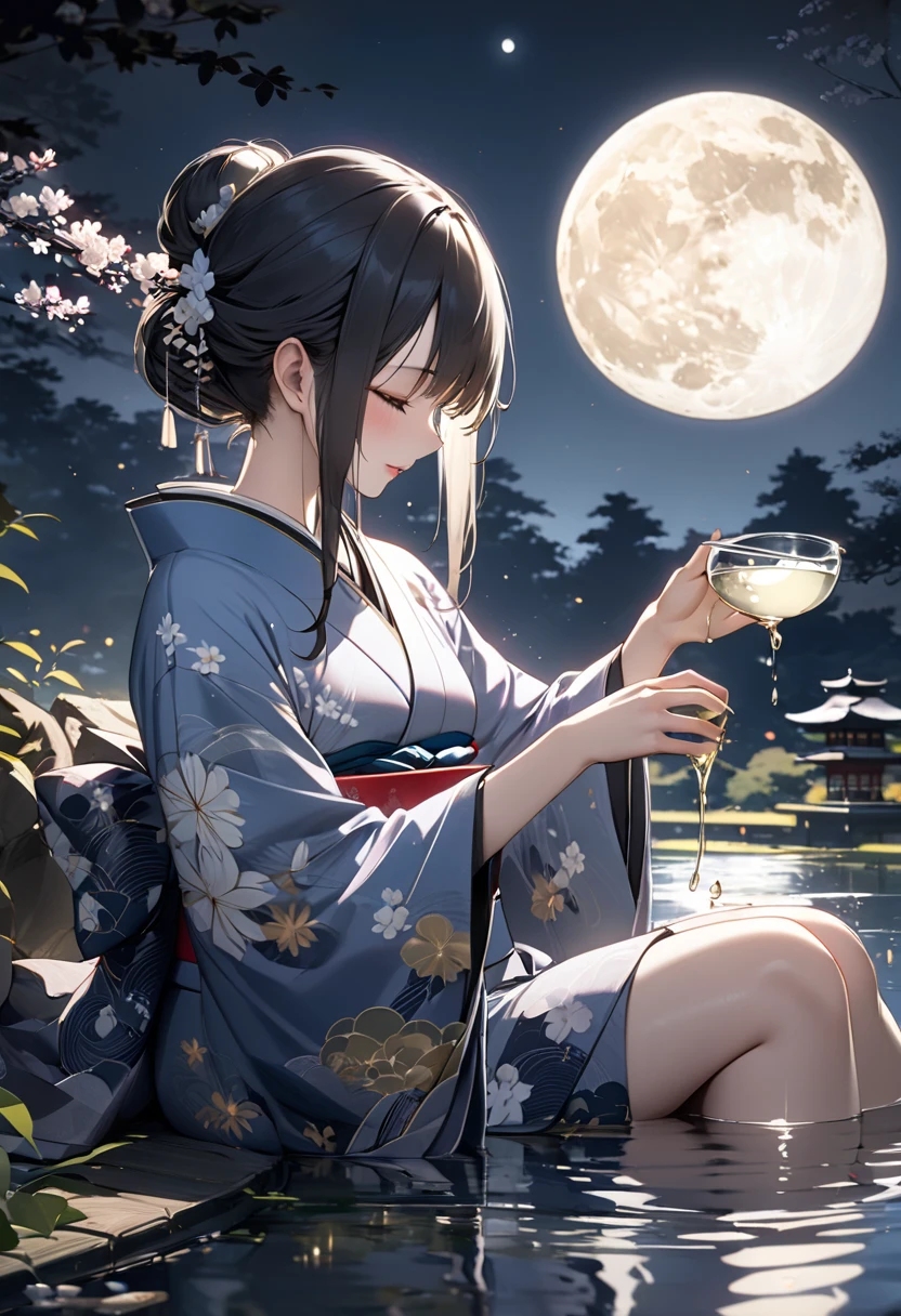 Full moon when empty Red stove brewing tea One person toasts to the moon Chinese style Hanfu