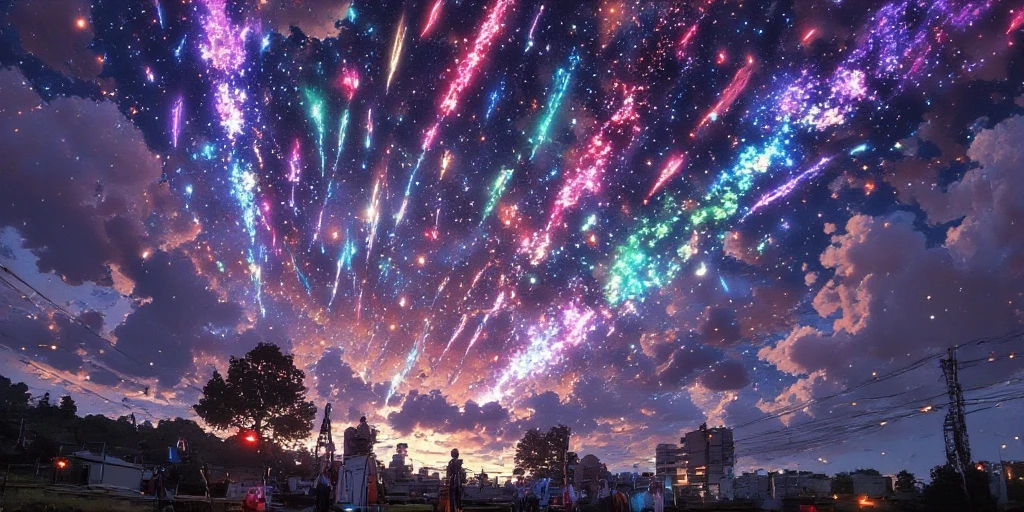 tilted Dutch angle view of a very beautiful end-of-the-world scene, blowing the clouds hundreds of tremendously beautiful colorful meteors falling one after another to beautiful lively city . Very dynamic dramatic picture. The sky is beautifully spread out in an impossible and unusual vivid color. People are looking at it from below. shock wave of meteor impact blurring the image.