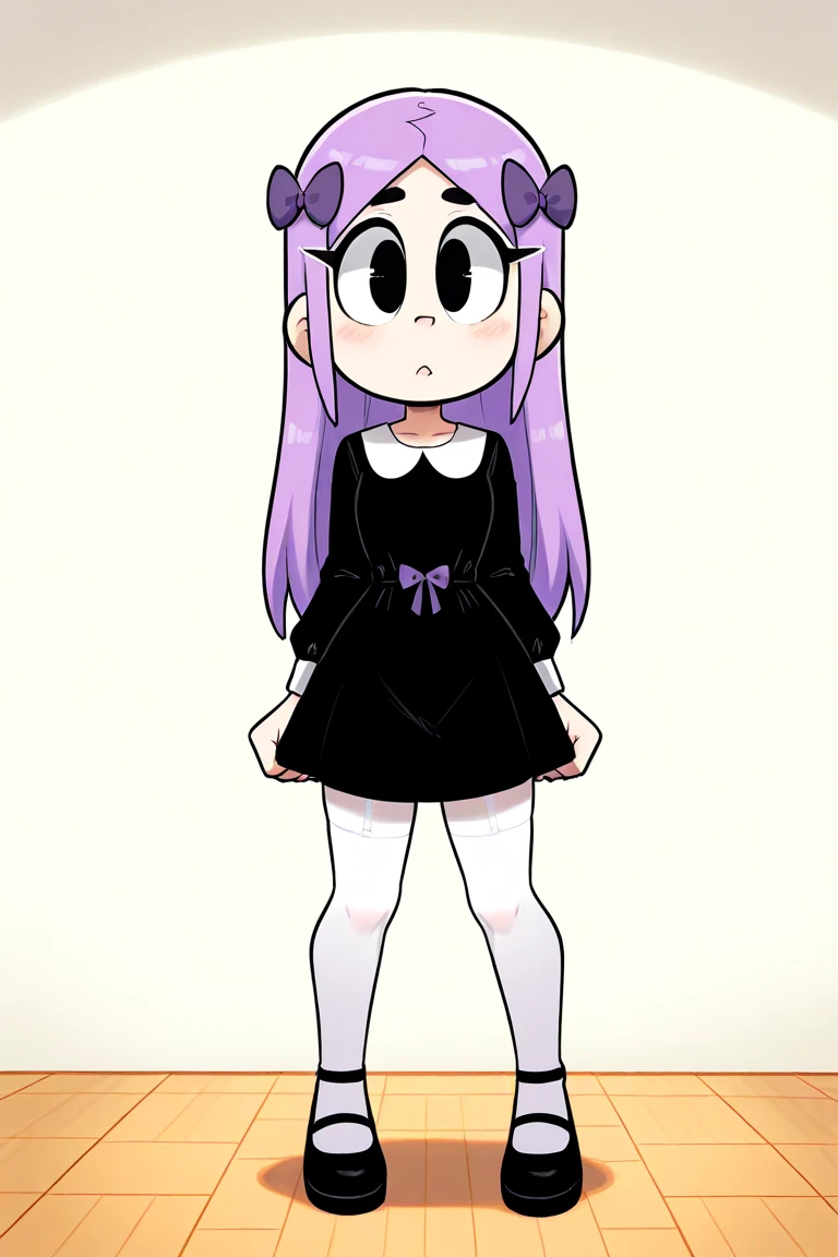 A girl with purple hair, black eyes, wearing a black shirt-dress and white stockings having purple bows. 