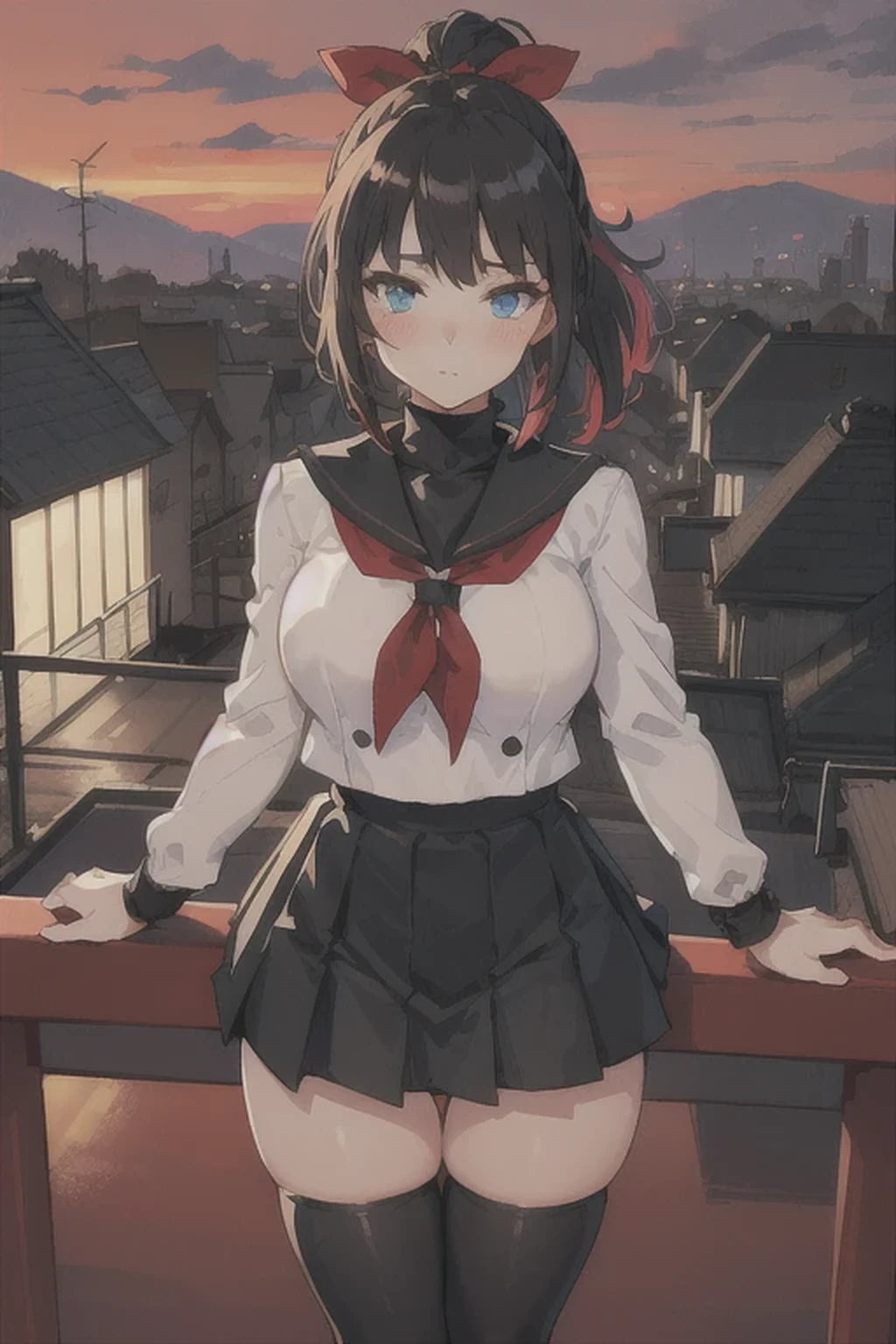 (8K、Highest image quality、highest quality、masterpiece)、detailed face、1 girl、black hair、bob cut、blunt bangs、gray eyes、evil smile、Moderate chest、((black serafuku:1.5))、((black leotard:1.2))、black pantyhose、cowboy shot、city background
