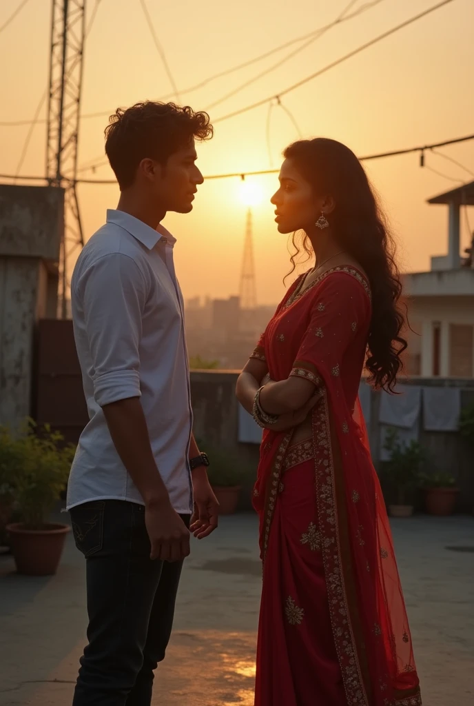 a picture of A young modern arrogant but studious Indian 1 boy stands drunk outside a nightclub, and a typical Indian age girl in salwar kameej stands aloof and watches the boy,