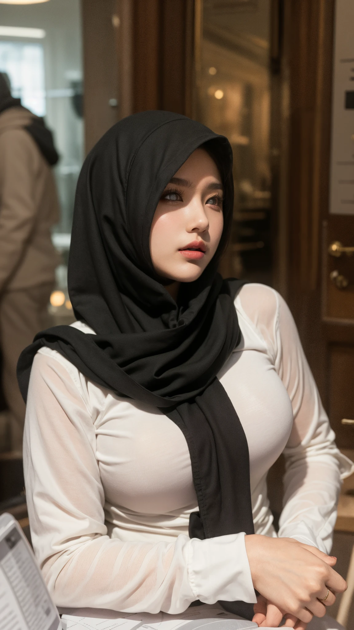 8K, high quality, nice lighting, soft lighting, realistic, dark eyes, sexy, big breasts, thighs, wide hips, arabic dress, black dress, Jewelry, sexy lady, asian, hijab, niqab, sexy pose, showing big thighs, nice body, natural largest breast, wearing rings for woman, office girl, sexy posing,