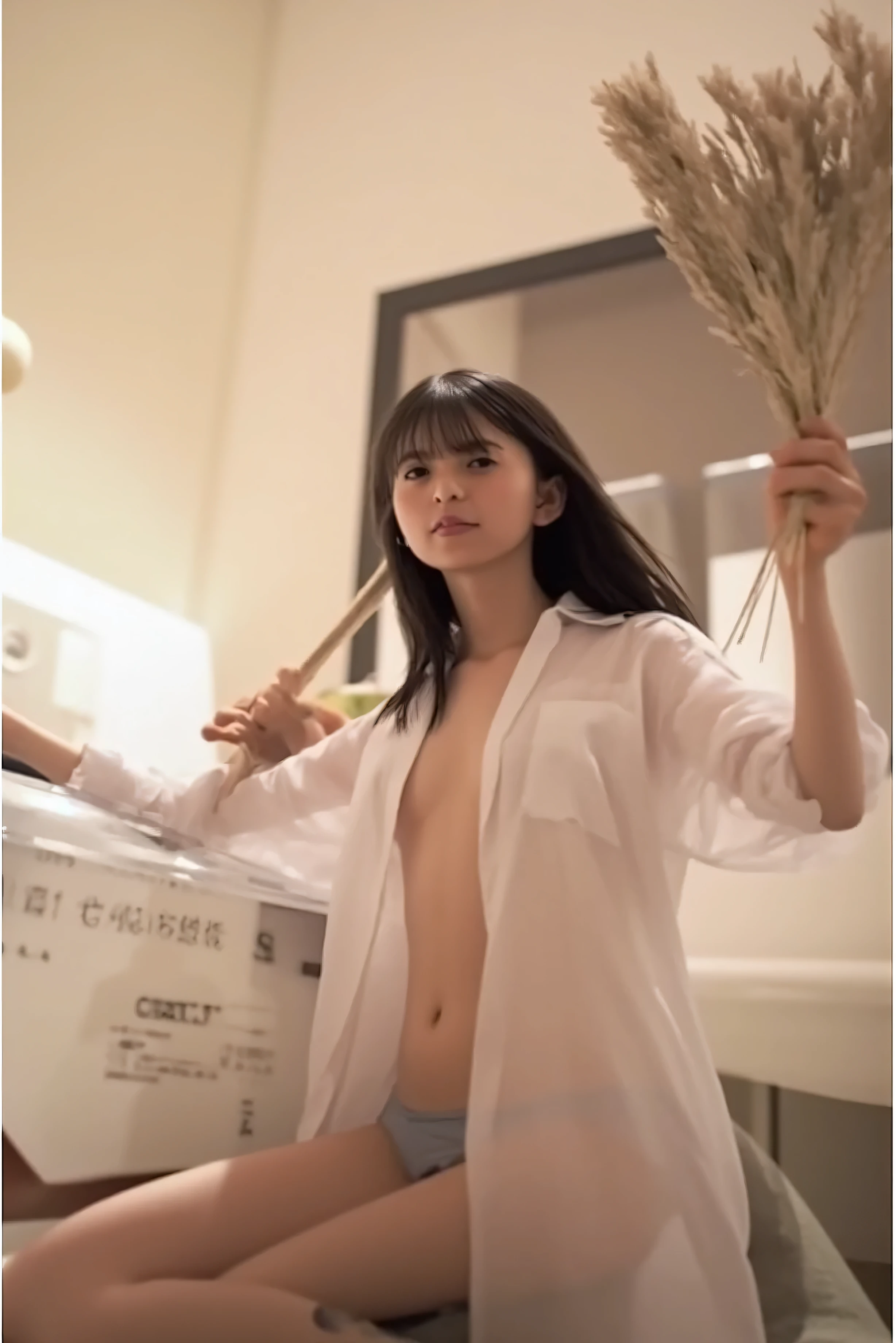 ((( low angle shot 、 biologically accurate images 、 staring at the camera :1.22, lean forward , open shirt 、 no underwear))), 1 Japanese woman, Hotel Room 、 Indirect Lighting、 nudes, completely naked,Be bold, is transparent