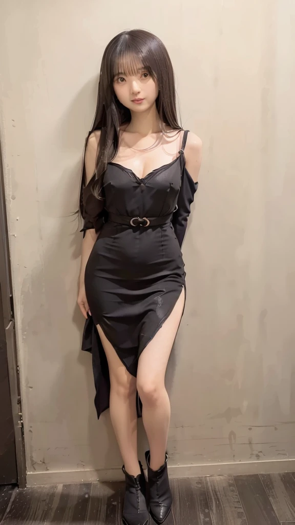 (realistically, realistically:1.37),(8K, RAW photogr, best quality at best, tmasterpiece:1.2), Cute big breasts, Super meticulous, heart - shaped pupils, Physical rendering, 超高分辨率, Kodak Visual Color, Shot with Arricam LT camera, delicated face ,delicated face,Realistic skin,Slender body type,Detailed faces,Ultra-fine lips,Ultra-detailed eyes,二重まぶた,cosmetics,(mid - length hair,And black waves, extremely detail hair),Delicate and sexy face,Underwear with suspenders(white and transparent,Lace cutout pattern:1.1,semi transparent:1.2,no underwares:1.3,Closely adheres to skin)(wet rain,rainy wet,Get wet:1.2),Thin lacing thonoderate dimpling:1.2),standing full-body,Inside the room,hanging(lump:1.2),street frontage,No coat,leges(high-heels) Permanent, tight black dress((Open sideways)), Lift up your clothes yourself, of shoulders, No shoulder strap, Sleeveless, Without armband