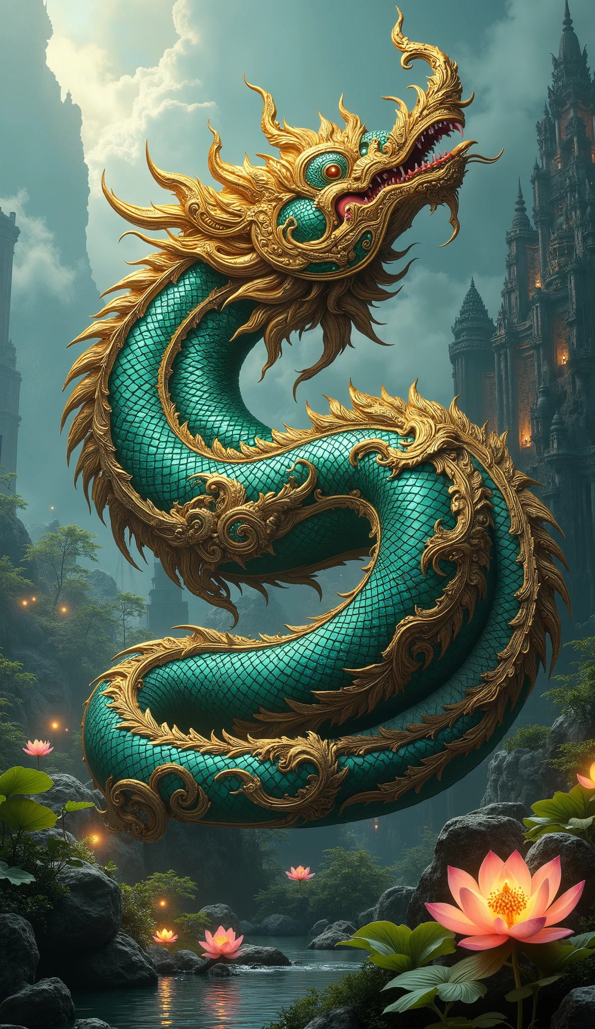 A majestic mechanical Naga with an ornate, fantasy-inspired design, blending Eastern mythology and Thai aesthetics. The colossal serpent-like creature has an immensely long, sinuous body covered in intricate swirling patterns, golden filigree, and vibrant emerald and sapphire metallic scales. A powerful, rhinoceros-like horn juts from its forehead, symbolizing strength and resilience. Flowing, cloud-like whiskers and decorative elements enhance its regal presence, while its glowing eyes radiate divine wisdom. Its body coils around an ancient, mystical temple, exuding an aura of awe and majesty. The background features a dreamlike river valley with soft ethereal lighting, bioluminescent lotus flowers, and drifting mist. The scene captures a sense of divine power and mystery, with the Naga rearing up, ready to unleash its legendary might.
Dutch angle, middle close up shot, worm's eyes view, cinematic lighting"