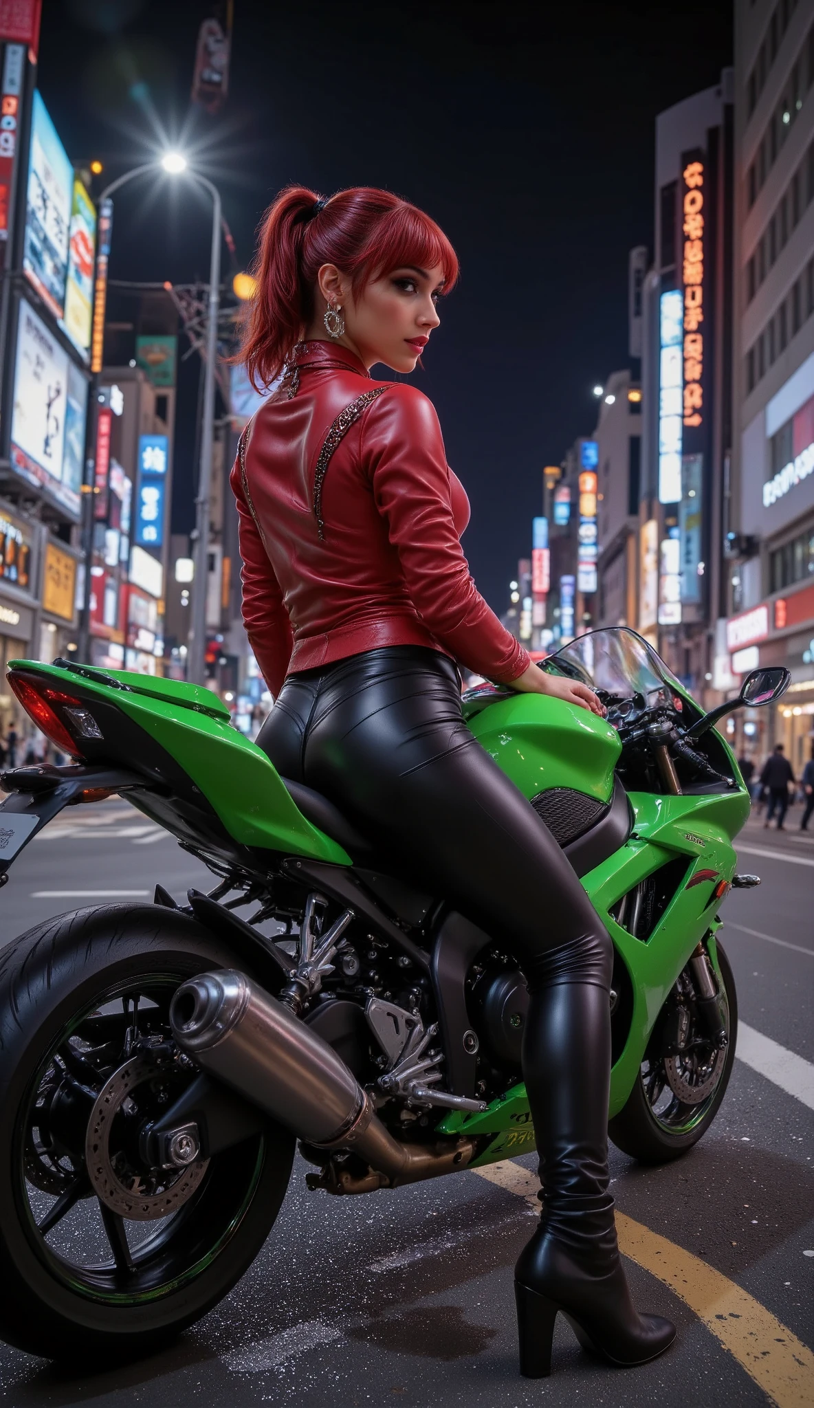 beautiful woman, seated on a green kawasaki ninja motorcycle. Stylish, black leather skinny jeans, red leather jacket, and black ankle boots. Confident, relaxed expression. Full body, slightly angled to the right, showcasing the motorcycle. Perspective is from slightly below the subject, focused on a high-angle, close-up shot of the woman and the motorcycle. Motorcycle is Green, black, and chrome accents. Detailed machine. Background features the famous SHIBUYA CROSSING. Colors are vibrant, with strong contrasts between the GREEN motorcycle, the black leather against the sky. Natural light, NIGHT scene. Mood is adventurous, confident, and relaxed, embodying a sense of freedom and travel. The image is sharp and clear, with accurate detail in the subject and motorcycle. Photographic realism style, capturing a moment of carefree travel. keep the exact face and hair details of the selected LoRA, REAR VIEW, (((she's looking to her back))), smile