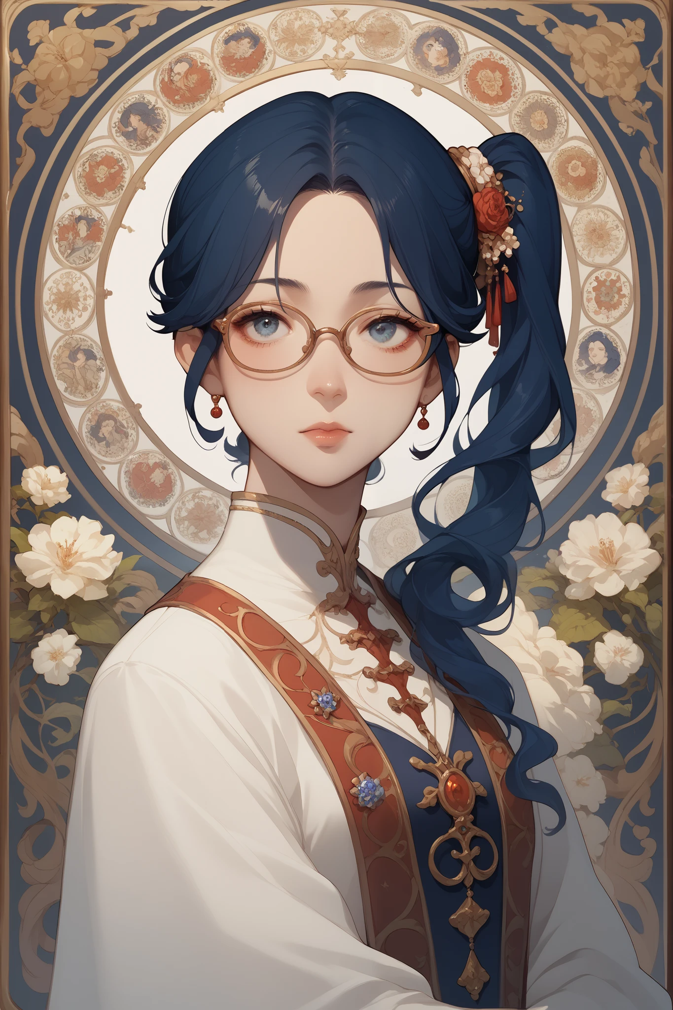 The image features a stylized graphic full body of a woman. The anime art style, characterized by exaggerated facial features and a cartoon-like depiction. The woman has dark blue hair styled into a side ponytail. She wears glasses, which are a common accessory in anime-style illustrations. She is dressed Thai university student unifrom. The background is composed of geometric shapes and colors, just like art nouveau style , including red, blue, and white, which adds to the vibrancy of the image. The overall composition is clean and well-balanced, with a central focus on the character. Zen painting illustration, flowing patterns, The image does not contain any text.