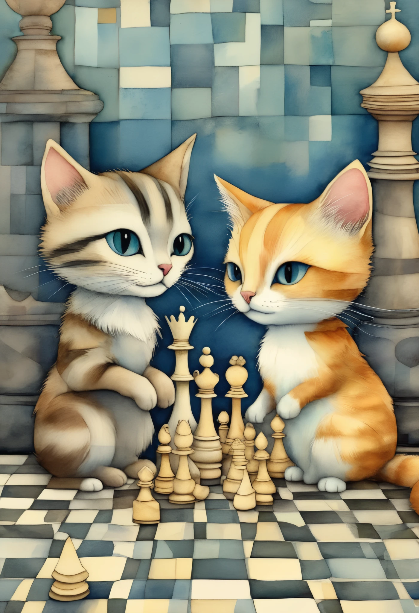 Cute little cat king and little cat queen of chess pieces, quirky, super surreal characters relative on a pastel checkerboard, lively, fun, magical chess world, chibi style, super surreal, pastel colors, watercolor style, never before shown, 8K resolution, high detail dream story, Paul Klee, Jean-Baptiste Monge, Arthur Rackham, Brian Fraud Matt painting, Wren's picture book style