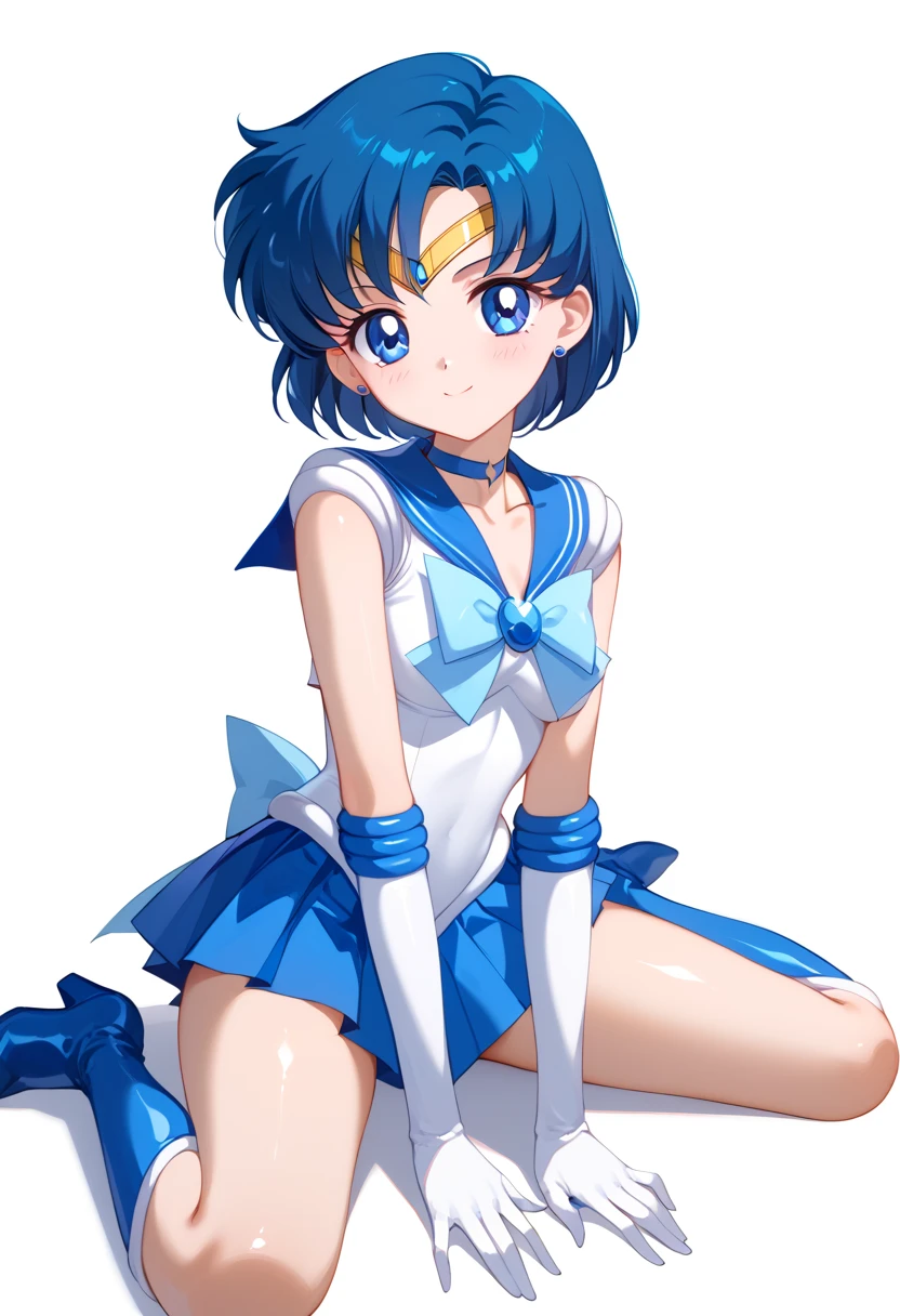 sailor mercury, 1girl, solo, skirt, simple background, gloves, bow, pleated skirt, boots, choker, elbow gloves, white gloves, dark skin, sailor collar, grey background, dark-skinned female, blue skirt, blue bow, magical girl, knee boots, blue sailor collar, blue footwear, sailor senshi uniform, blue choker