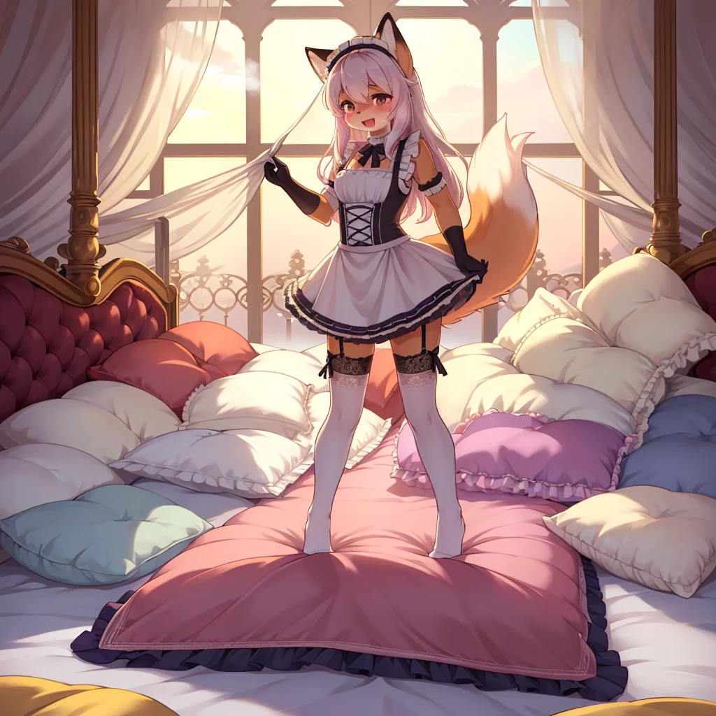 （ masterpiece， best quality），mine, The Beast, , ( ））, 穿着内衣可爱女孩在Pillow上摆姿势,，maid suit，nature,, ( blush),A smile，Pillow,（Lots of Pillow），Soft cushion，（mosquito net bed ），（Pillow），Lots of Pillow，，，（A tail），（Around the protagonist），steam，（Pillow），（LuxuryPillow），（Palace Pillow），（，（  classical European bedroom   ），（Excited，），，( A luxurious rococo style king bed with a canopy ), surrounds a large bed .,((((The bed is piled with many Pillows)))),Quilt details,Detailed bed sheets,,((Pillow in detail)), ((((A Lot of Pillow))))，，、、 soft sheets and quilt 、Colorful soft Pillow、Lots of Pillow、Pastel-toned bed、 Delicate Face ，，柔软的Pillow，，（   classical European bedroom    ），（Excited脸， open mouth ，Shy，），（更多Pillow)，， blush，, exhaling hot air ，steam， 1girl ,matuurafox ,fox girl, furry female, lace stockings， lace long gloves ， garter socks，，standing on a pillow,trample on pillows
