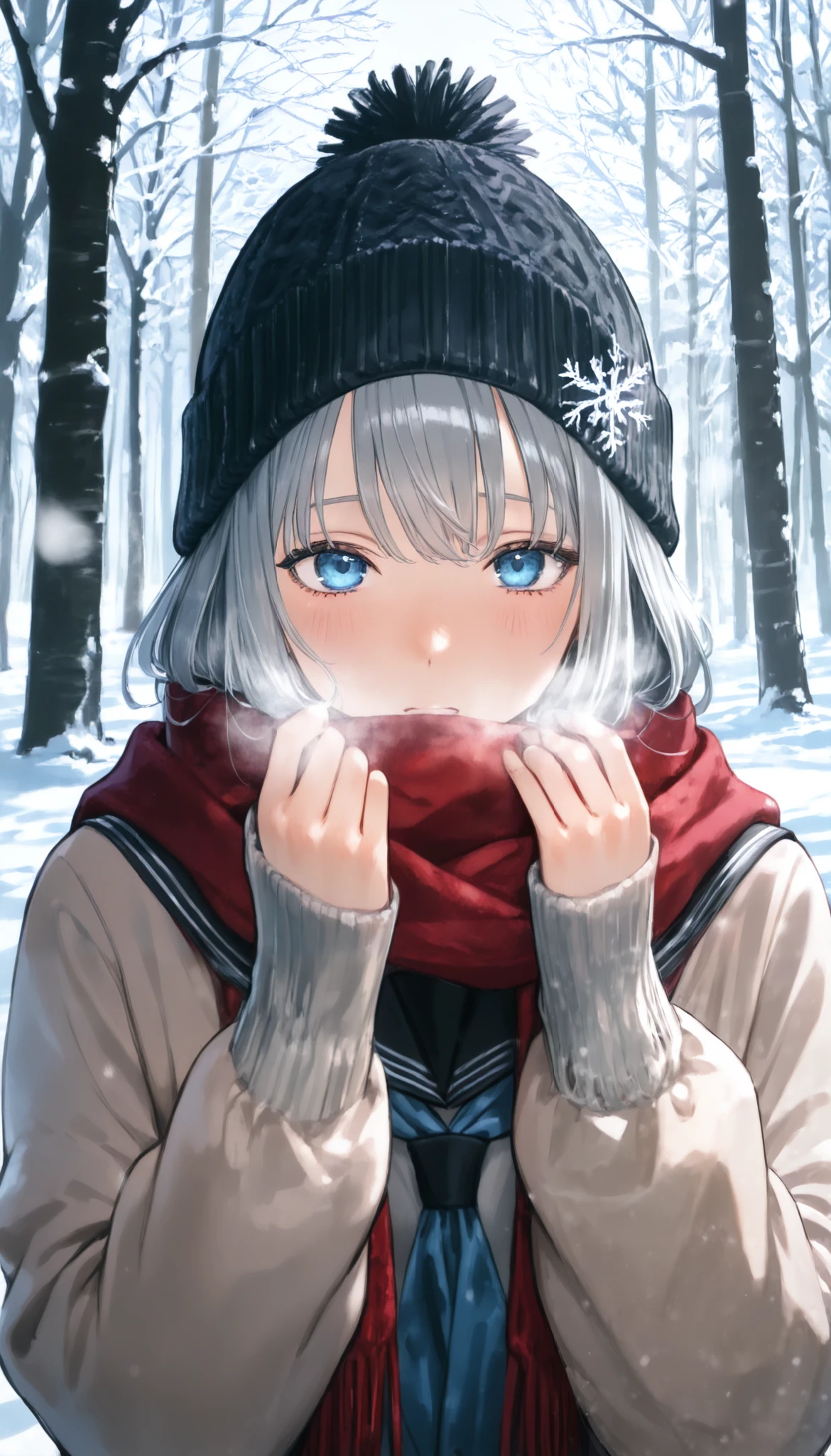 1 girl, blue eyes, long hair, Grey Hair , , çµç¹ , sailor collar, scarf, gradation shirt that Furakana has , Beanie, Long Sleeve, uniform, 学校のuniform, viewers, Outdoors, snow, Alone, tree, upper body, red scarf, breathe, black sailor collar, Emperor , snowflakes, winter
