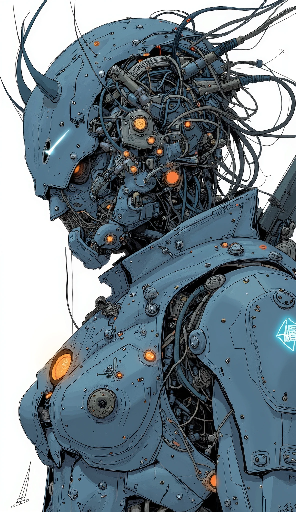 Futuristic, heavily armored robot soldier with advanced exoskeleton suit . Designed like a Japanese armor helmet with a mixture of mechanical and cyborg elements, dark, Rugged, battle-experienced exterior . The suit consists of metal plates , Complex wiring, numerous technical enhancements 、 Light blue and orange coloring 、 The helmet is designed like a Japanese helmet , The wiring that hangs from the helmet 、 looks like long back hair 、 has a V-shaped antenna attached to the forehead、Square design with white glowing eyes , giving it a threatening and advanced technological look . arms and legs are equipped with reinforced armor , hydraulic components , And multiple compartments ,Mr.々 blue luminescent lights and mechanical details create a sci-fi vibe、 full body shot、flying unit backpack like insect wings、 Japanese sword、The black alpha 、BMW、motorcycle、motorcycleにまたがる、
