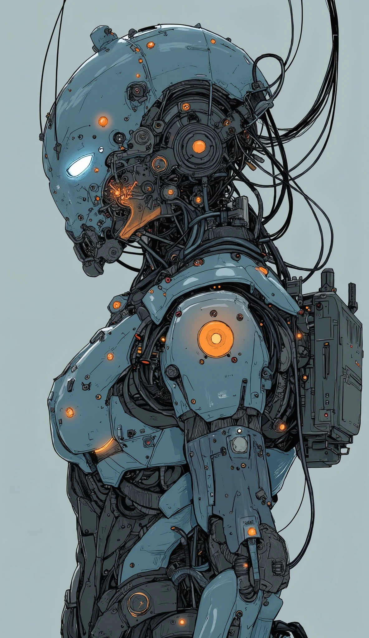 Futuristic,  heavily armored robot soldier with advanced exoskeleton suit .  are designed like Japanese armor helmets with a mixture of mechanical and cyborg elements,  dark, Rugged,  battle-experienced exterior .  The suit consists of metal plates , Complex wiring,  numerous technical enhancements 、 Light blue and orange coloring 、 helmets are designed like Japanese helmets ,  The wiring that hangs from the helmet 、 looks like long back hair 、 has a V-shaped antenna on the forehead、 angular design with white glowing eyes ,  giving it a threatening and advanced technological look .  arms and legs are equipped with reinforced armor ,  hydraulic components  , And multiple compartments ,Mr.々 blue luminescent lights and mechanical details that create a sci-fi vibe、 full body shot、flying unit backpack like insect wings、 Japanese sword、The black alpha 、BMW、motorcycle、motorcycleにまたがる、