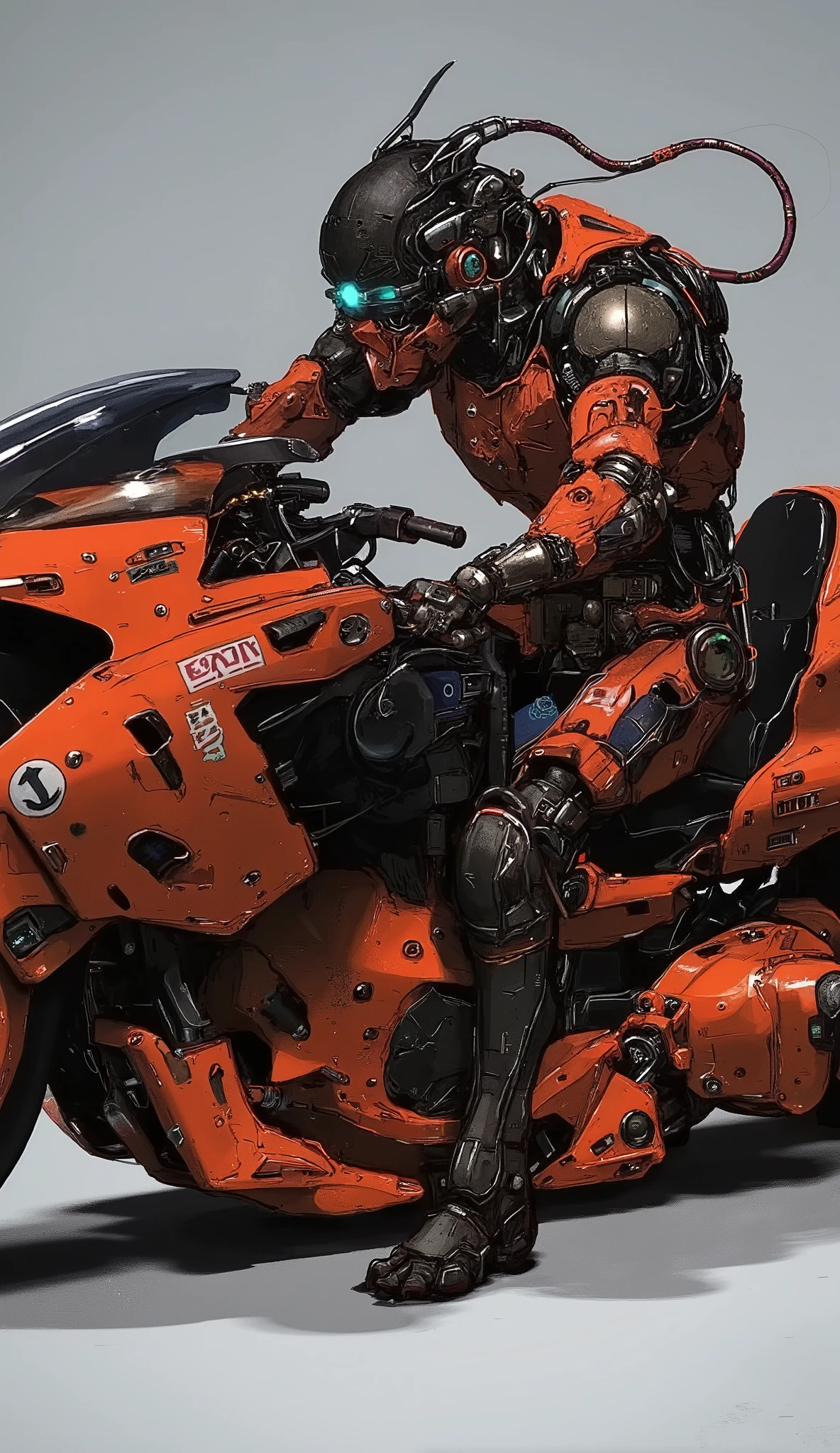 Futuristic,  heavily armored robot soldier with advanced exoskeleton suit .  Designed like a Japanese armor helmet with a mixture of mechanical and cyborg elements,  dark, Rugged,  battle-experienced exterior .  The suit consists of metal plates , Complex wiring,  numerous technical enhancements 、 Light blue and orange coloring 、 The helmet is designed like a Japanese helmet ,  The wiring that hangs from the helmet 、 looks like long back hair 、 has a V-shaped antenna attached to the forehead、Square design with white glowing eyes ,  giving it a threatening and advanced technological look .  arms and legs are equipped with reinforced armor ,  hydraulic components  , And multiple compartments ,Mr.々 blue luminescent lights and mechanical details create a sci-fi vibe、 full body shot、flying unit backpack like insect wings、 Japanese sword、 straddles a black akira bike 、A bike with a rugged design 