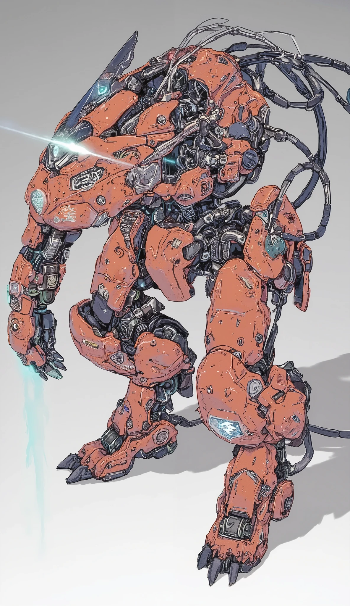 Futuristic, heavily armored robot soldier with advanced exoskeleton suit . are designed like Japanese armor helmets with a mixture of mechanical and cyborg elements, dark, Rugged, battle-experienced exterior . The suit consists of metal plates , Complex wiring, numerous technical enhancements 、 Light blue and orange coloring 、 helmets are designed like Japanese helmets , The wiring that hangs from the helmet 、 looks like long back hair 、 has a V-shaped antenna on the forehead、 angular design with white glowing eyes , giving it a threatening and advanced technological look . arms and legs are equipped with reinforced armor , hydraulic components , And multiple compartments ,Mr.々 blue luminescent lights and mechanical details that create a sci-fi vibe、 full body shot、 flight unit like insect wings 、Laser sword like a Japanese sword 、Style fused with a black Akira bike