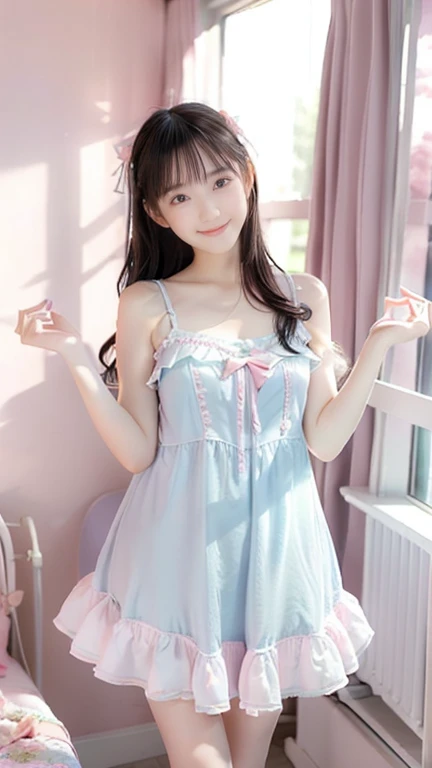 Masterpiece, top quality, highly detailed, dress, alone, ((contrasting eyes)), lying down, arms raised, armpits, from above, Japanese, smiling, bedroom