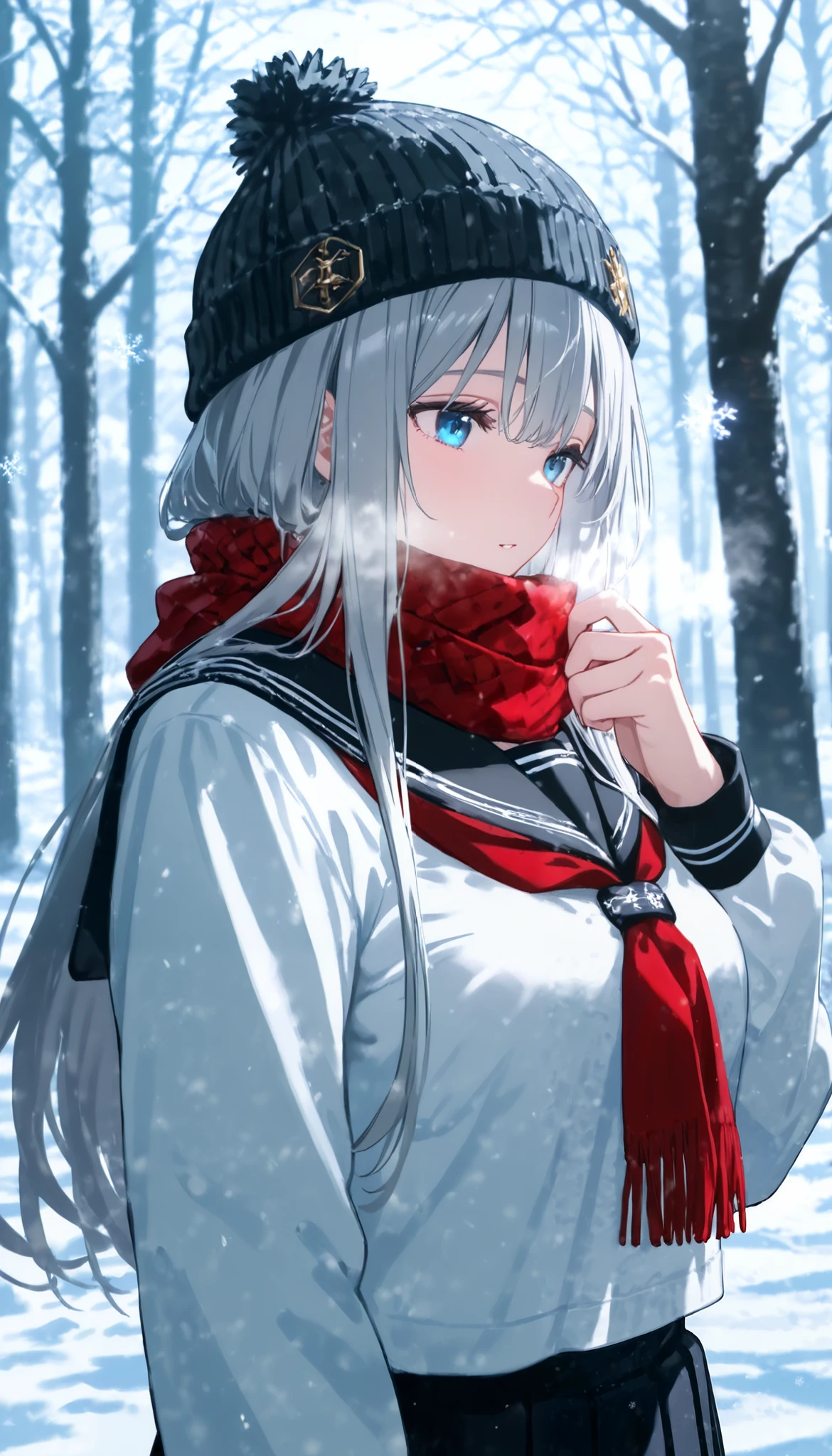 1 girl, blue eyes, long hair, Grey Hair , , çµç¹ , sailor collar, scarf, gradation shirt that Furakana has , Beanie, Long Sleeve, uniform, 学校のuniform, viewers, Outdoors, snow, Alone, tree, upper body, red scarf, breathe, black sailor collar, Emperor , snowflakes, winter