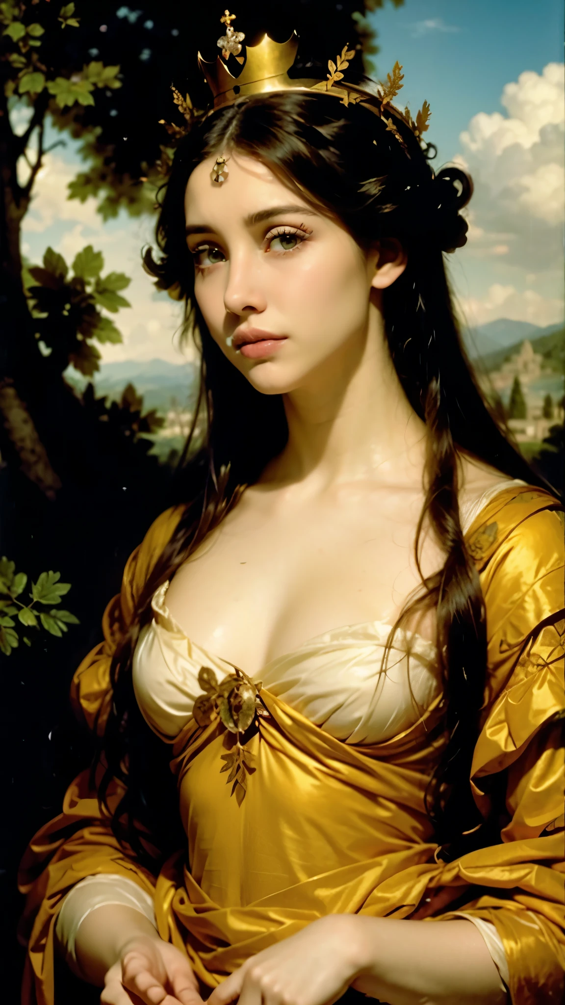 Fat white girl with straight hair, with a crown of Greek leaves , belle, Persephone.