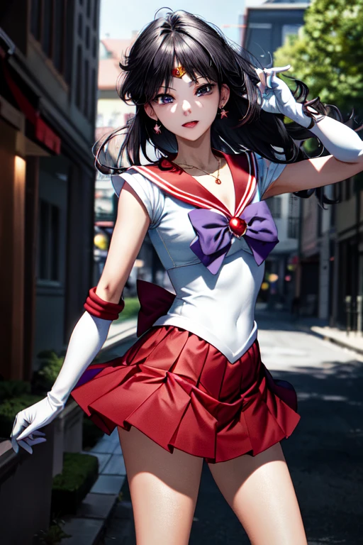 ((HD Realistic, SAMA1 Level)), Extreme Realistic, Masterpiece, Best Quality, High Resolution, SAMA1, Headwear, Sailor Sensi Uniform with Medium Chest, White Gloves, Red Sailor Collar, Red Skirt, Star Necklace, Elbow Gloves, Pleated Skirt, Bare Legs, Purple Bow, Standing, Space, Moon, Charming Smile, Stunning Beauty, Full Body Photo