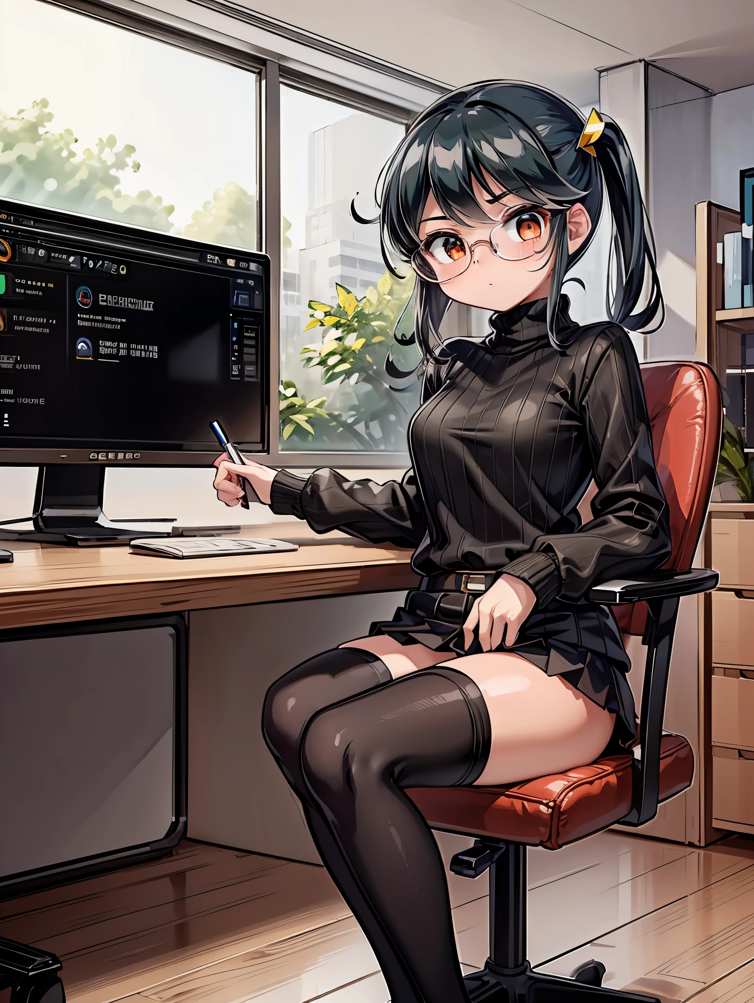 (8k、 TOP QUALITY 、 masterpiece:1.2)、(1 girl:1.0)、( Black High Neck Sweater 、 miniskirt、thighhighs)、 computer、chair、Glasses