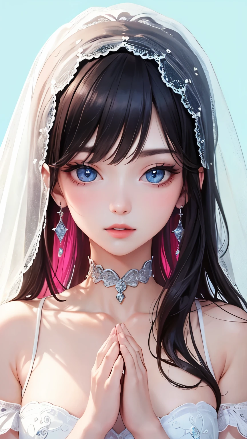 movie scene,best image quality,hyperrealistic portrait,(8K),Super realistic,最high quality,high quality,High resolution,high qualityな質感,high detail,beautiful,Detailed,Highly detailed CG,Detailedテクスチャー,realistic facial expression,masterpiece,before,dynamic,bold,1 girl,highly detailed skin,curve,,beautiful胸,big breasts,pale skin,pointed chest,erect nipples,(super thin hair),(super soft hair),(ultra straight hair),,hair above one eye,(dressed:1.5)、long hair、bride、wearing a wedding dress、prom princess dress、looks happy、smile