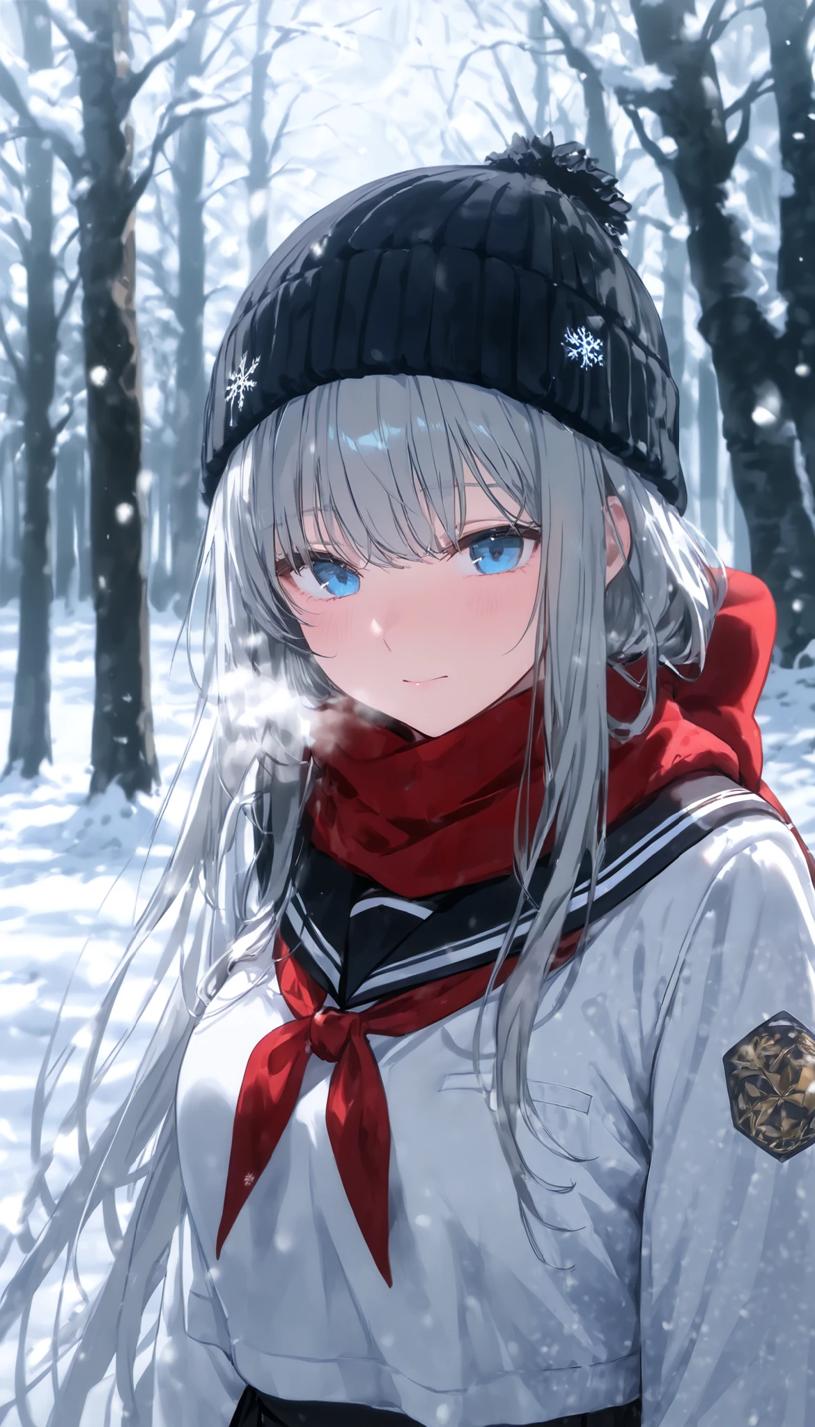 1 girl, blue eyes, long hair, Grey Hair , , çµç¹ , sailor collar, scarf, gradation shirt that Furakana has , Beanie, Long Sleeve, uniform, 学校のuniform, viewers, Outdoors, snow, Alone, tree, upper body, red scarf, breathe, black sailor collar, Emperor , snowflakes, winter