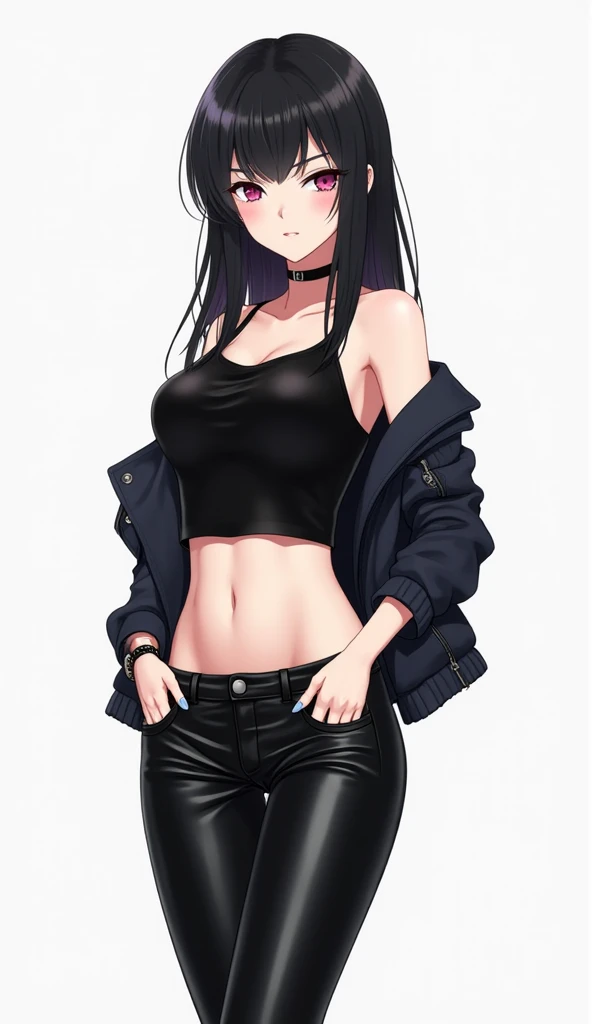 A woman with very long black hair and (very long bangs:1.5), wearing a (stylish long jacket:1.5) and tight jeans, (low-rise jeans:1.25), (low-cut jeans:1.25), standing. The artwork is inspired by manga and incorporates a doujin style. The woman appears to be (wetting herself:1.5), which causes her to feel embarrassed and humiliated, resulting in a blush on her face. In addition, there is an air of anger in her expression. The lighting in the scene is moody, with a spotlight highlighting the woman's figure. She is crossing her arms, (arms crossed:1.5), fully showcasing the very large pee stain on her jeans., large breasts, navel, midriff, groin, mound of venus, cleavage, diamond necklace, bikini top, thin