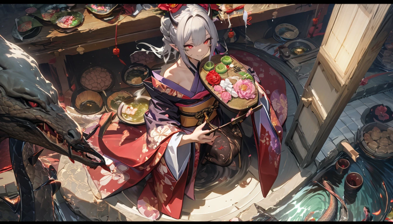 masterpiece,best quality,highres,cinematic lighting,dramatic angle,1girl,<lora:ShadowverseFightingJiangshiV14:0.8:lbw=jiangshi3>,black hair,white hair,two-tone hair,hat,qing guanmao,hair ornament,twintails,purple eyes,ofuda,ofuda over one eye,one eye covered with ofuda,looking at viewer,red chinese clothes,bare shoulders,gauntlets,bandaged arms,:d,across table,table,chinese restaurant,dumplings,soup,meat balls,noodles,vegetable,food,happy,arm support,hand on own cheek,sitting,chair,head tilt