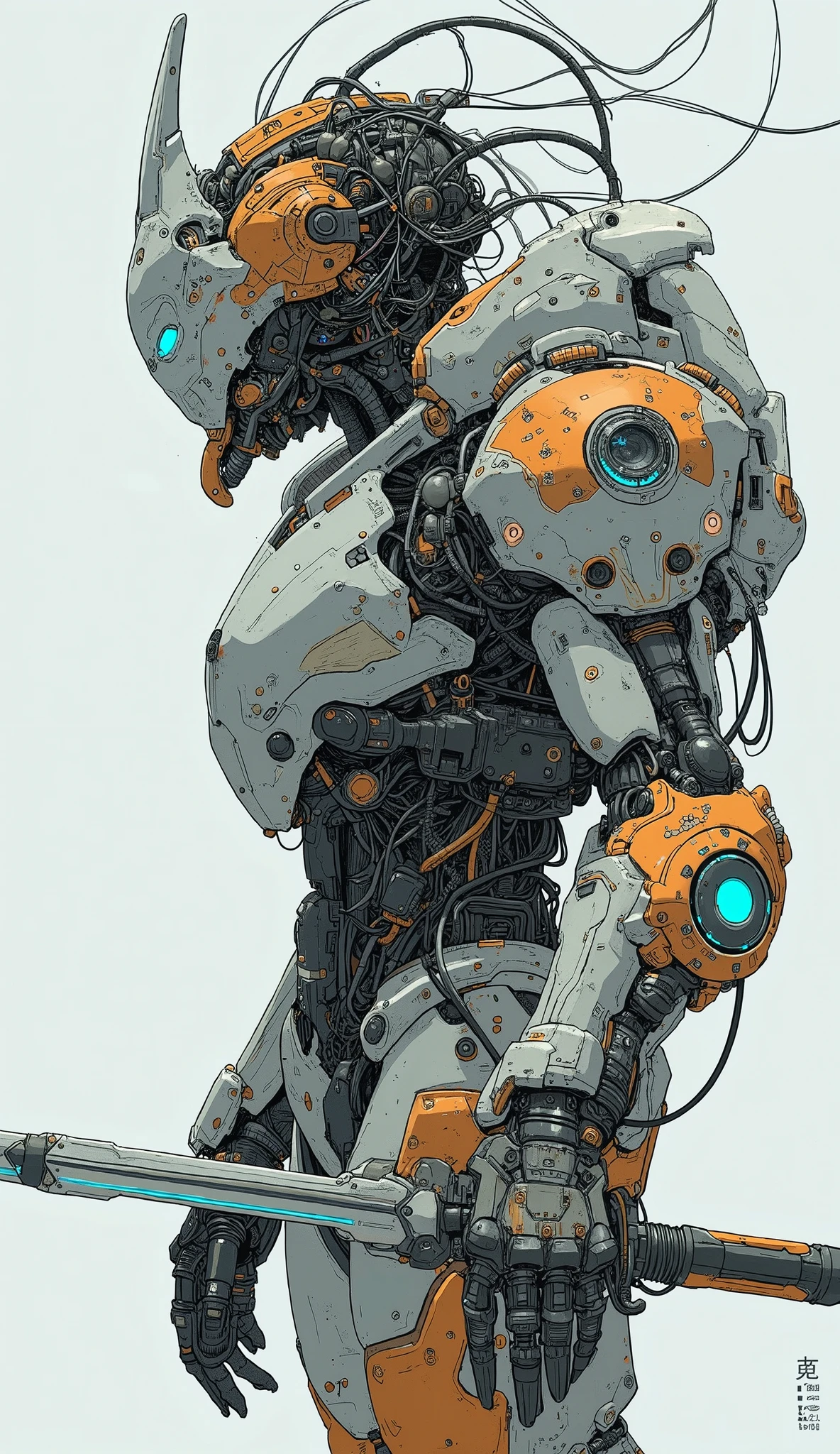 Futuristic, heavily armored robot soldier with advanced exoskeleton suit 、 Gundam Barbatos-like silhouette 、 Gundam Barbatos-like design with mixed mechanical and cyborg elements, dark, Rugged, battle-experienced exterior . The suit consists of metal plates , Complex wiring, numerous technical enhancements 、White and orange coloring 、 helmet is designed like Gundam Barbatos , The wiring that hangs from the helmet 、 looks like long back hair 、Square design with white glowing eyes , giving it a threatening and advanced technological look . arms and legs are equipped with reinforced armor , hydraulic components , And multiple compartments ,Mr.々 blue luminescent lights and mechanical details create a sci-fi vibe、 full body shot、Have a big sword
