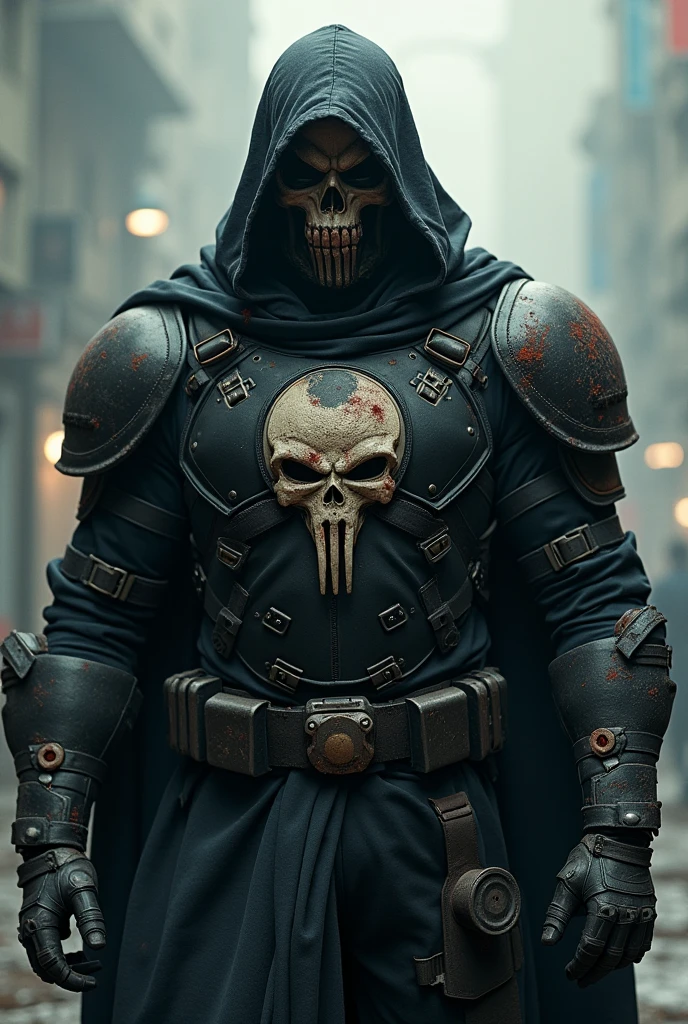 "A hyper-realistic human skull clad in an ancient military helmet, with a weathered camouflage netting covering parts of it. Flanking the skull are two vintage pistols, one on each side, adding a sense of history and menace. Beneath the skull, two crossed daggers, dripping with fresh red blood, create a chilling and powerful scene. The backdrop is filled with blood splatters, giving a stark contrast to the sharp details of the weapons and skull."