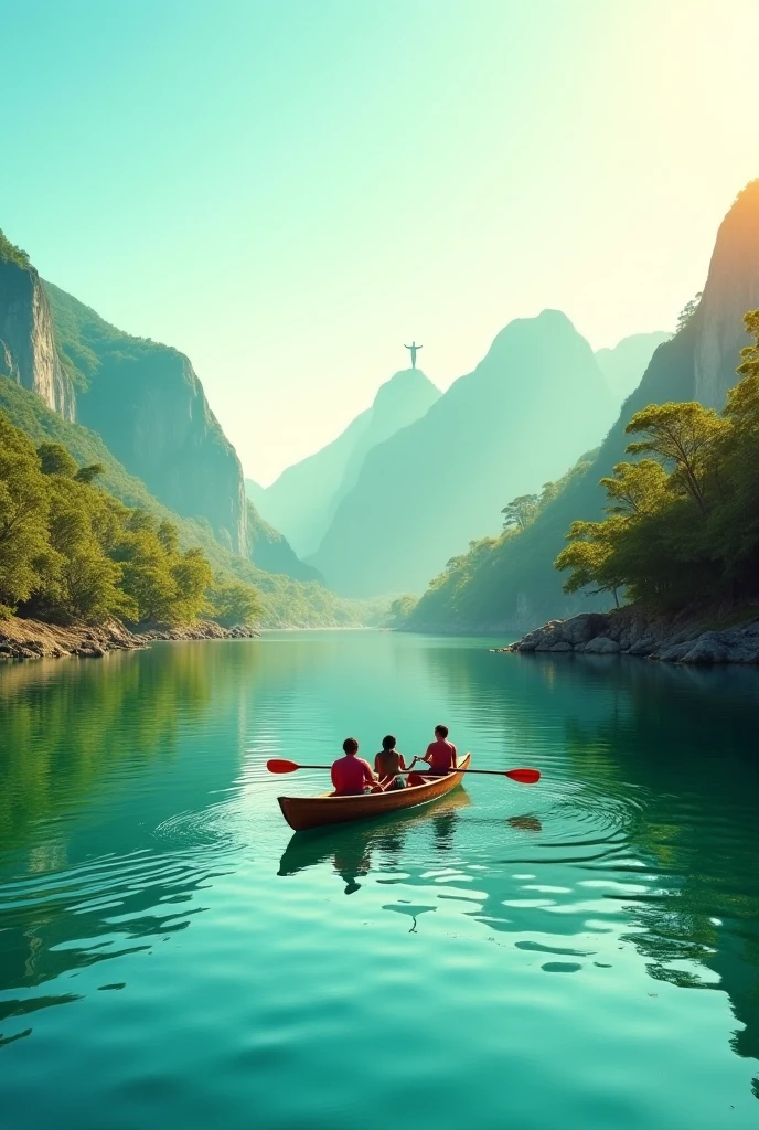 The mountains are in the distance, Tranquil scenery on the lake surface,A beautiful woman rowing a boat,Wearing Dai costumes,The sun has just risen,There is a flock of ducks in the water, in a serene landscape, beautiful serene landscape,
