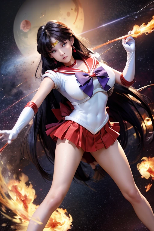 Highest quality，masterpiece，Very detailed, 8K，Beautiful Japan woman at 26 years old:1.5, Small face, (Detailed glamorous red Sailor Mars costume:1.5), Breast Augmentation Surgery, Very detailedな臭い脇の下、　Dynamic Angle