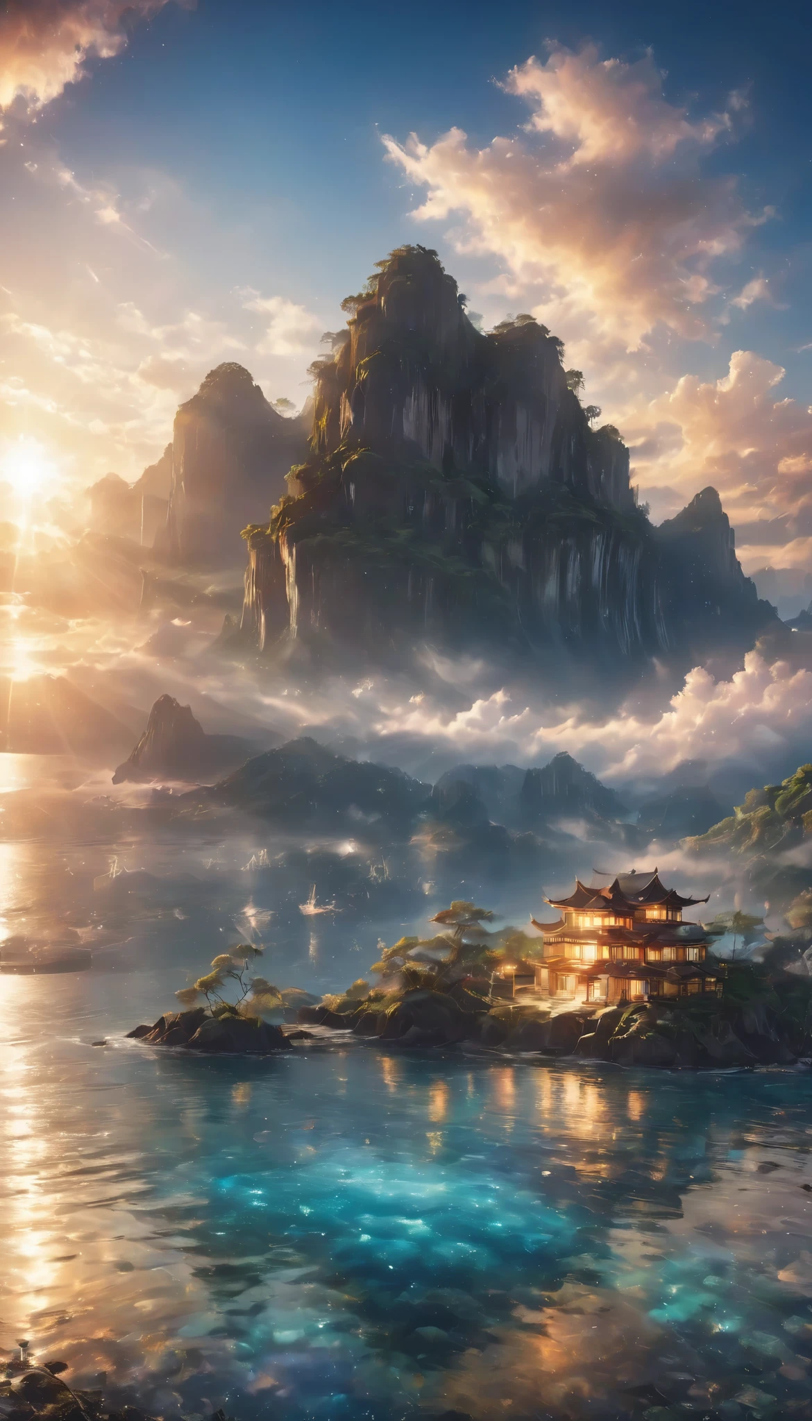 TOP QUALITY Details Masterpiece Beautiful first sunrise at the torii gate standing in the sea photo style Artistic fantasy Dramatic Production Photorealistic and realistic、 highest quality