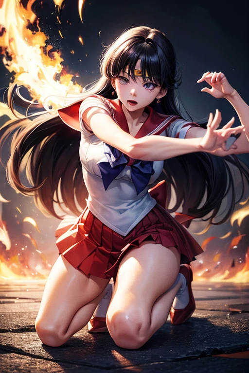 masterpiece, Highest quality, Absurd, Perfect Anatomy, One girl, alone, Mars, Very long hair, Parted bangs, Sailor Warrior Uniforms, Red Sailor Collar, Red Skirt, Elbow hand pockets, Are standing, Cartoon flames in the background, Stylized Background,Dynamic pose,Get down on one knee、The uniform is cut up、Crippling、Both hands tied with rope、I'm injured