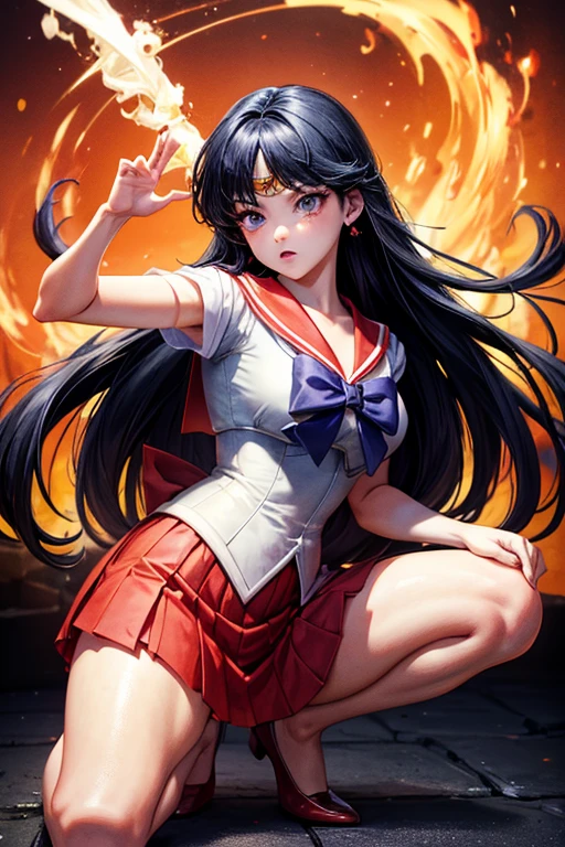 masterpiece, Highest quality, Absurd, Perfect ???????, One girl, alone, Mars, Very long hair, Parted bangs, Sailor Warrior Uniforms, Red Sailor Collar, Red Skirt, Elbow hand pockets, Are standing, Cartoon flames in the background, Stylized Background,Dynamic pose,Get down on one knee、The uniform is cut up、Crippling、Both hands tied with rope、I'm injured