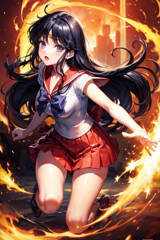 masterpiece, Highest quality, Absurd, Perfect Anatomy, One girl, alone, Mars, Very long hair, Parted bangs, Sailor Warrior Uniforms, Red Sailor Collar, Red Skirt, Elbow hand pockets, Cartoon flames in the background, Stylized Background,Get down on one knee、The uniform is cut up、Crippling、Both hands tied with rope、I have a lot of injuries、engulfed in flames、Continued one-sided attacks、