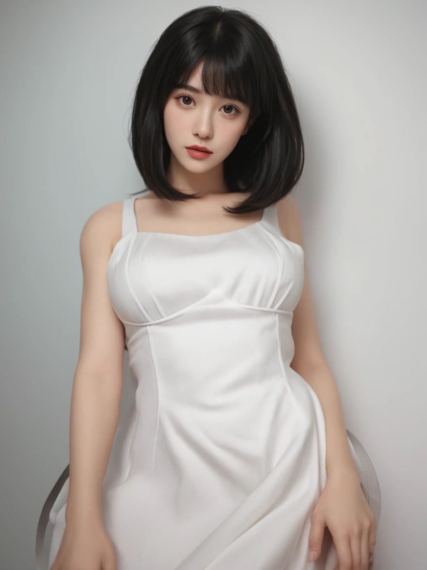(8K,RAW Photos、RAW Photos、Highest quality、Masterpiece:1.2)、1girl、1Middle-aged men、Very detailed、Super Resolution、(Photorealistic:1.3)、((Shooting from below)),((Cowboy Shot:1.4))、Clear depiction of light and shadow、High resolution raw color photos、A living room for professional photography:1.4)))、Draw faithfully to anatomy、Very detailed and beautiful、super high quality、((girl with short cut hair:1.4))、((White color short sleeve off shoulder shirt:1.4))、((White short-sleeved off-the-shoulder chiffon dress:1.4))、((A white chiffon micro mini skirt that accentuates your thighs:1.4))、Upper Body、赤いソファに座っているgirl:1.4))、((smile:1.4))、