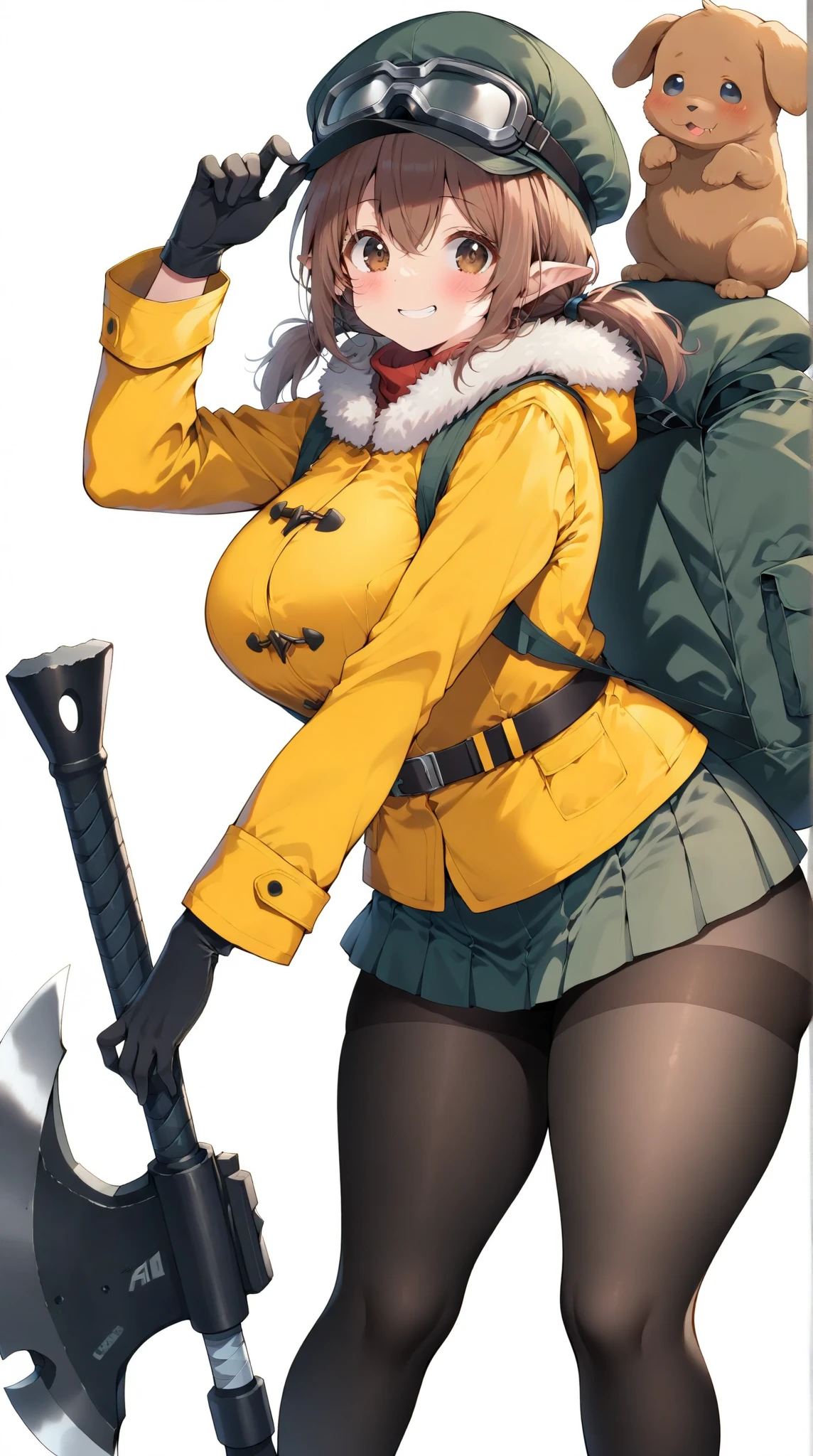 Huntress girl with huge rifle in snow fight pose,oriental,blade and soul,InkStyle,long red hair,Leather and fur coat,Tight mini skirt、Cold,The artwork,2D,4K,Detailed,Fantasia、((Huge rifle))