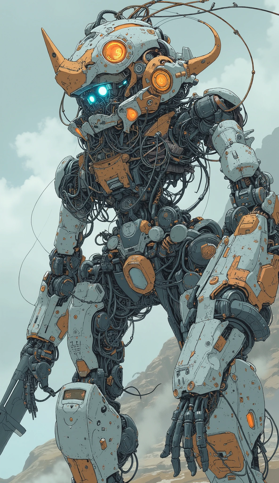 Futuristic, heavily armored robot soldier with advanced exoskeleton suit 、 Gundam Barbatos-like silhouette 、 Gundam Barbatos-like design with mixed mechanical and cyborg elements, dark, Rugged, battle-experienced exterior . The suit consists of metal plates , Complex wiring, numerous technical enhancements 、White and orange coloring 、 helmet is designed like Gundam Barbatos , The wiring that hangs from the helmet 、 looks like long back hair 、Square design with white glowing eyes , giving it a threatening and advanced technological look . arms and legs are equipped with reinforced armor , hydraulic components , And multiple compartments ,Mr.々 blue luminescent lights and mechanical details create a sci-fi vibe、 full body shot、Have a big sword、Eject steam from the freed parts of the exoskeleton、