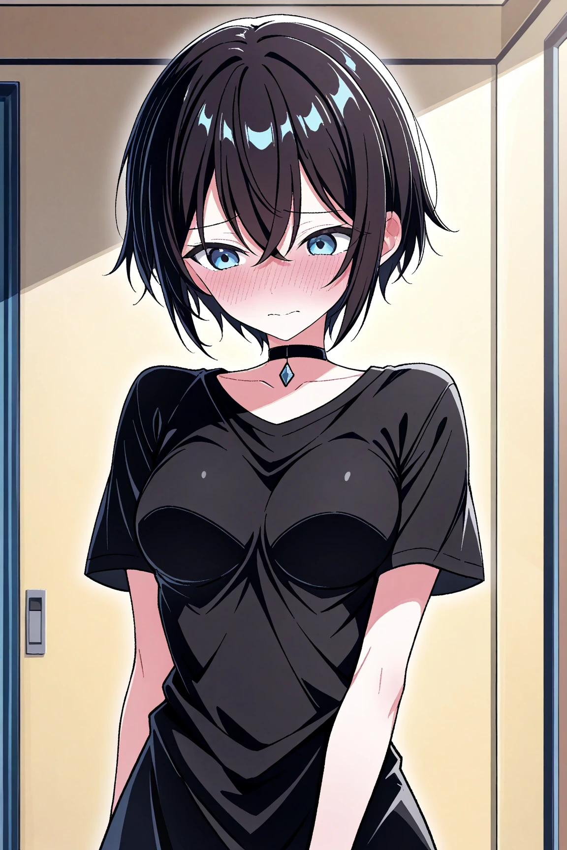 Highest quality,wonderful,finely,Highly detailed CG Unity 8k wallpaper, (1 Girl,Black Hair, blue eyes,short hair, Double Bang), (Small breasts:1.2), (Black T-shirt:1.1), (clavicle:1.1), Shorts、Smiling Kindly、smile、 (Open your mouth:1.2), (zettai ryouiki:1.2),(narrow:1.2), (Are standing:1.2)、(He is speaking with a microphone in his right hand:1.1)、(((Solid white background)))、whole body, From the top of my head、Facing the camera