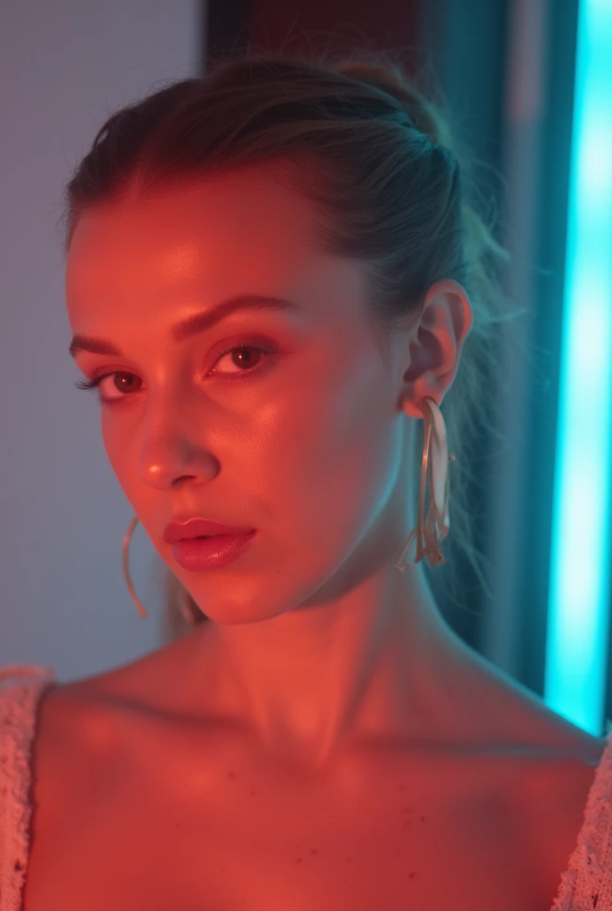 35mmNeon (close up shot) analog photo of an athletic (naked) stripper, NSFW, (in a blue-pink lit room), dancing, visible big breasts, purple wall in the background, dark interior, nighttime, chiaroscuro, contrejour, rim light, high contrast, detailed skin, nude