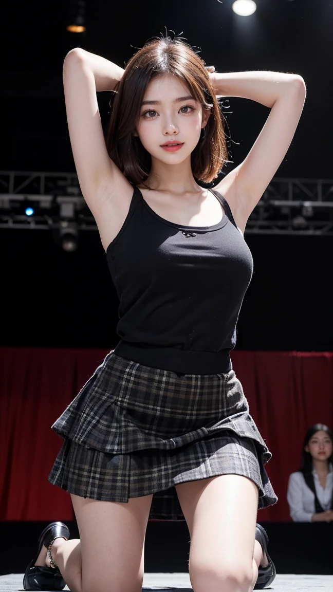 (Highest quality, masterpiece:1.2, RAW Photos), (Realistic:1.3), Realistic:1.2、One Girl、Japanese、Slender body line、Small face and slender figure、((beautiful girl、Cute school girl、Idol Face、Baby Face))、((Playing electric guitar:1.3))、(She spreads her legs to show off her sexy panties:1.4)、(Cute tank top and mini pleated skirt:1.3)、(Beautiful brown hair:1.3)、((on stage at a rock concert:1.3))、(Beautiful breasts、Upward bust), (Detailed eyes and face:1.2, Professional photography techniques, Cinema Lighting), (Detailed hands:1.1、A girl's small and beautiful hands:1.2), (Perfect Anatomy:1.3), (Staring at the viewer with a mean look, blush:1.2)