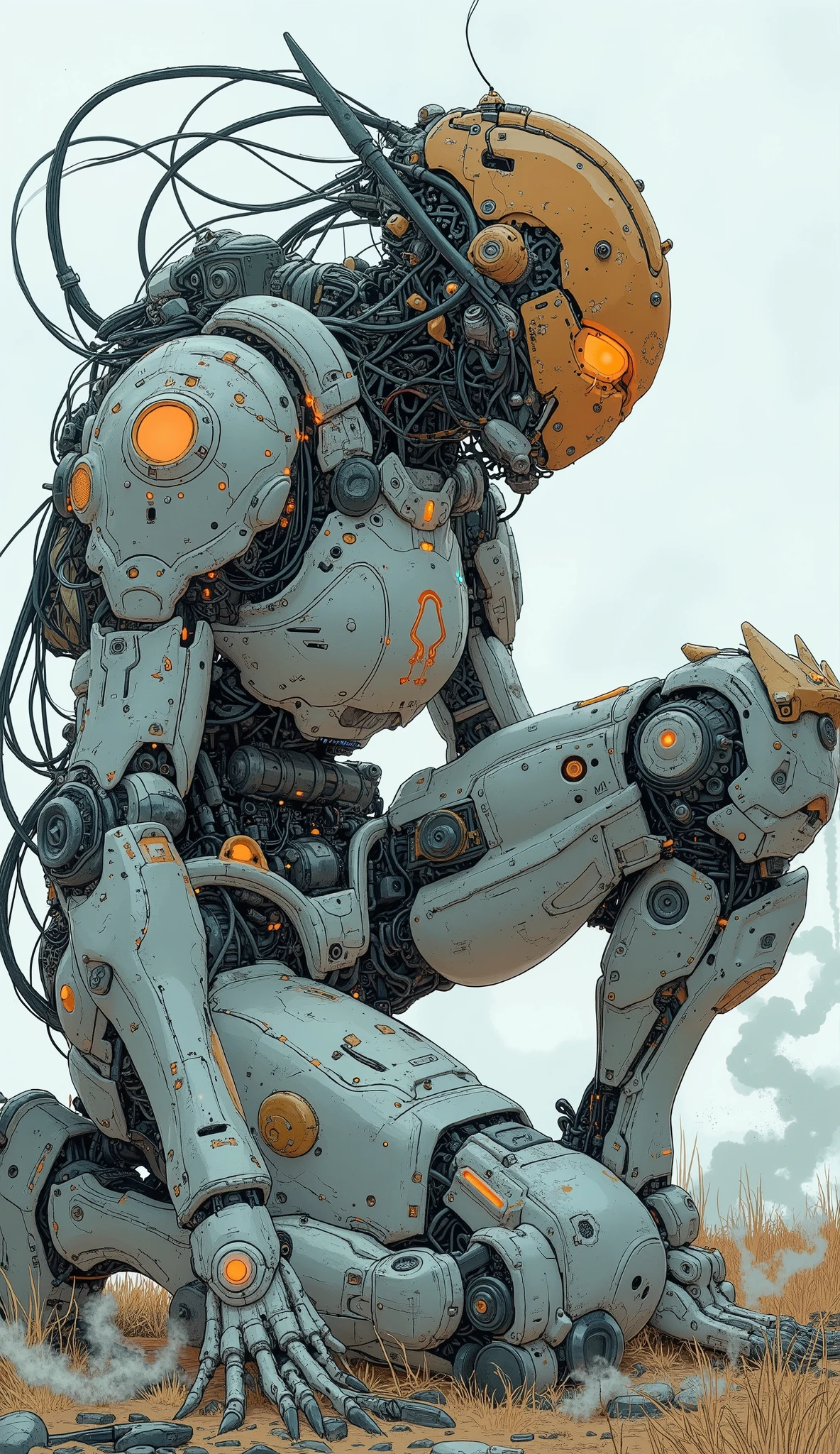 Futuristic, heavily armored robot soldier with advanced exoskeleton suit 、 Gundam Barbatos-like silhouette 、 Gundam Barbatos-like design with mixed mechanical and cyborg elements, dark, Rugged, battle-experienced exterior . The suit consists of metal plates , Complex wiring, numerous technical enhancements 、White and orange coloring 、 helmet is designed like Gundam Barbatos , The wiring that hangs from the helmet 、 looks like long back hair 、 angular design with white glowing eyes , giving it a threatening and advanced technological look . arms and legs are equipped with reinforced armor , hydraulic components , And multiple compartments ,Mr.々 blue luminescent lights and mechanical details that create a sci-fi vibe、 full body shot、Have a big sword、Eject steam from the freed exoskeleton parts of the whole body、 on the ground with one knee
