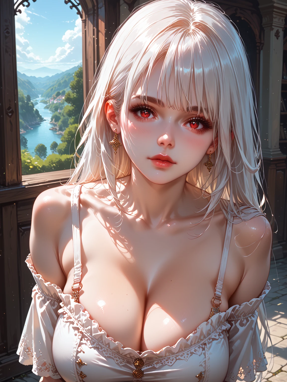 ((woman with tattoo on chest)), girl, Short white hair with bangs, Black strands of hair, Purple eyes, White T-shirt and panties, Pendant around the neck. Natural and beautiful standing posture, Crisp and realistic body detail. 超High resolution.Photorealistic:1.4,超High resolution. Realistic，High resolutionで, masterpiece, Highest quality, Very detailed, Better Shadows, Volumetric lighting), super high quality, High resolution, 8k, Ultra-Realistic Portraits , Photorealistic, Dynamic Lighting, Volumetric lighting, Very detailed顔,(NSFW:0.9),Large Breasts,