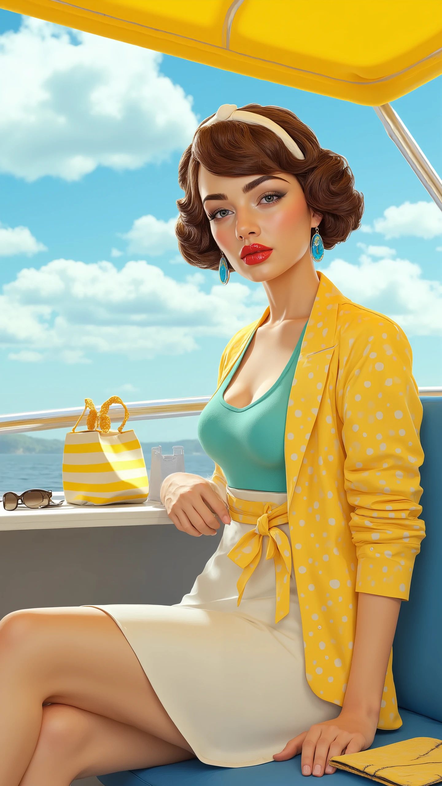 digital art, 3d render,This image depicts a bright and elegant scene, with a woman sitting in a sunny outdoor setting. Here is a detailed description:
1. **The Woman**:
- She has short, curly brown hair, styled in a retro style, with a white headband tied on top of her head.
- Her lips are a bright red, and her makeup is sophisticated, highlighting her light blue eyes.
- She wears round, blue earrings that complete her vintage look.
2. **Her Outfit**:
- She is wearing a bright yellow jacket with white polka dots, tied at the waist to reveal a turquoise top underneath.
- She wears a sleek white skirt that matches the rest of her outfit.
- Her nails are painted a light, neat shade.
3. **The Accessories**:
- Next to her, a yellow and white striped bag is laid, containing visible items, such as sunglasses and a handkerchief.
- She is holding a small yellow handbag that matches her jacket.
4. **The environment**:
- She is sitting on a blue seat, probably on a boat or a terrace, judging by the setting.
- In the background, the sky is blue with big white clouds, creating a summery and cheerful atmosphere.
- A yellow structure (perhaps a tent or an awning) is visible above her, reinforcing the sunny atmosphere.
The image evokes a retro 50s aesthetic, with bright tones and a neat style, in an atmosphere of leisure and relaxation.