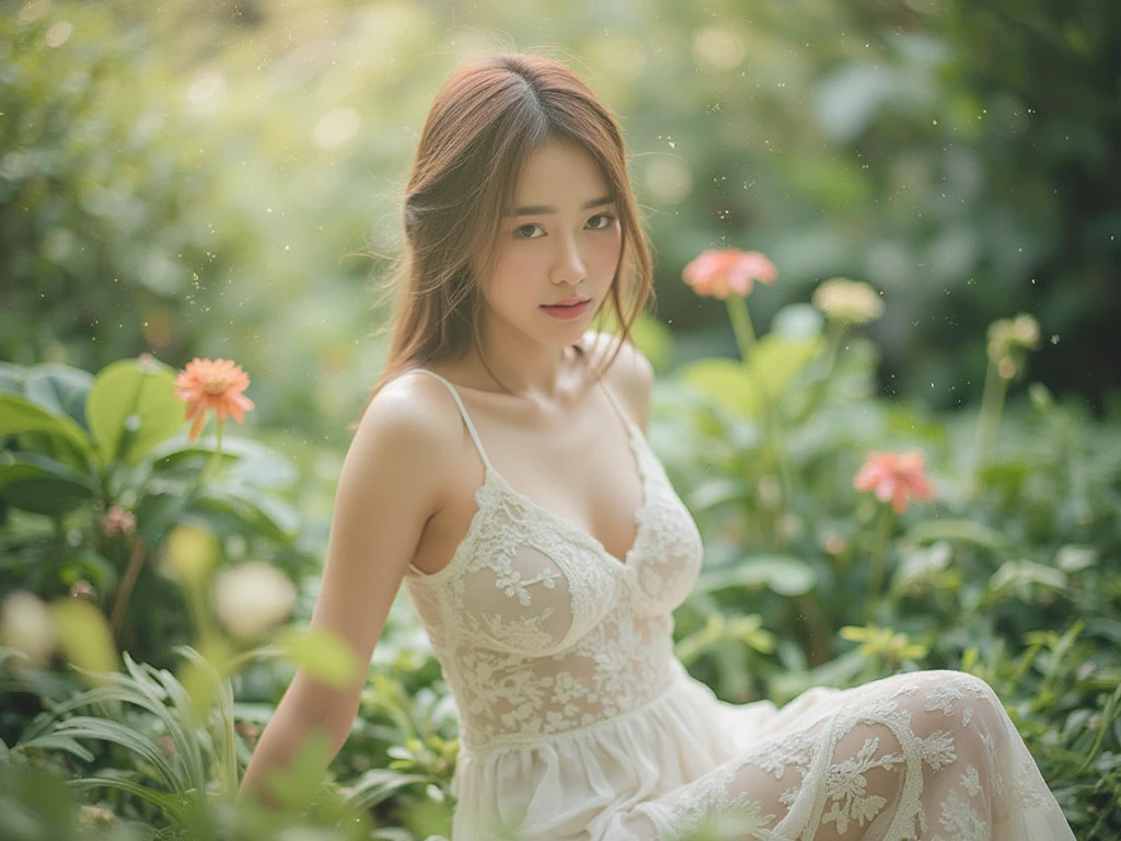solo, finest image, sexy beautiful woman, amorous expression, lewd expression, light brown glossy iridescent hair, great proportion, pure white lace long dress, background meadow on the hill, professional lighting